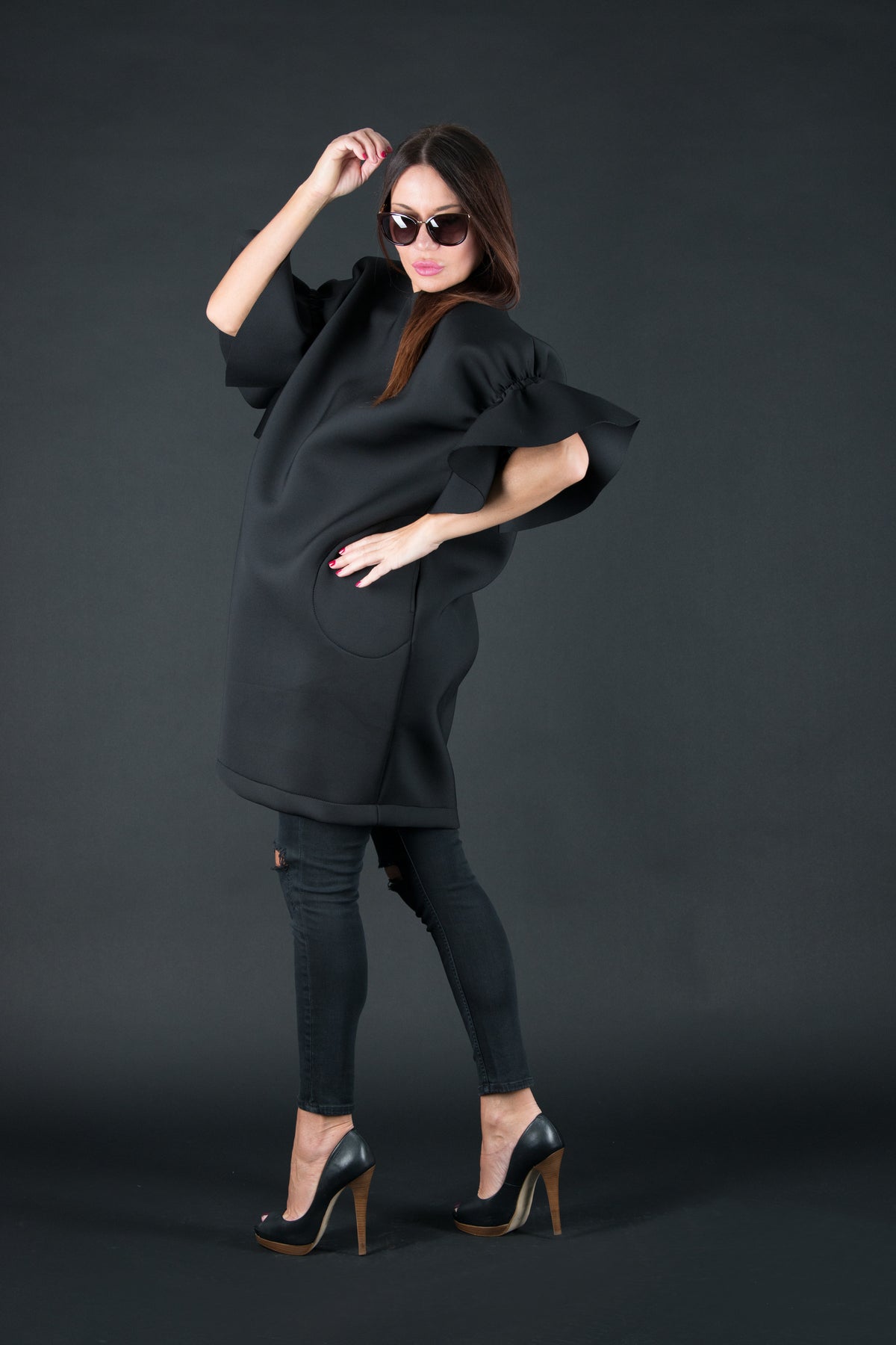 Black neoprene dress with ruffle sleeves Ester BF - EUG Fashion #black
