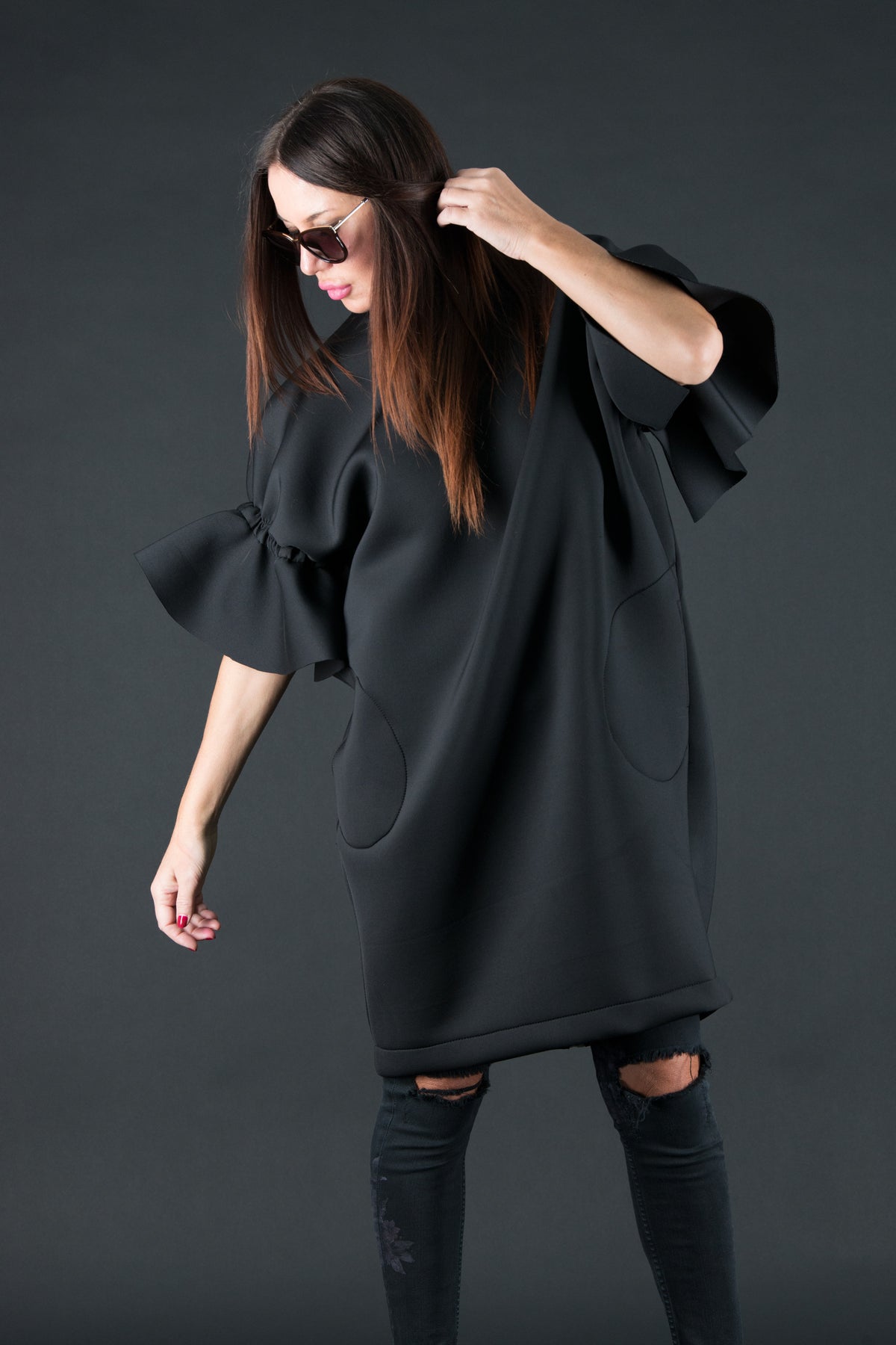 Black neoprene dress with ruffle sleeves Ester BF - EUG Fashion #black

