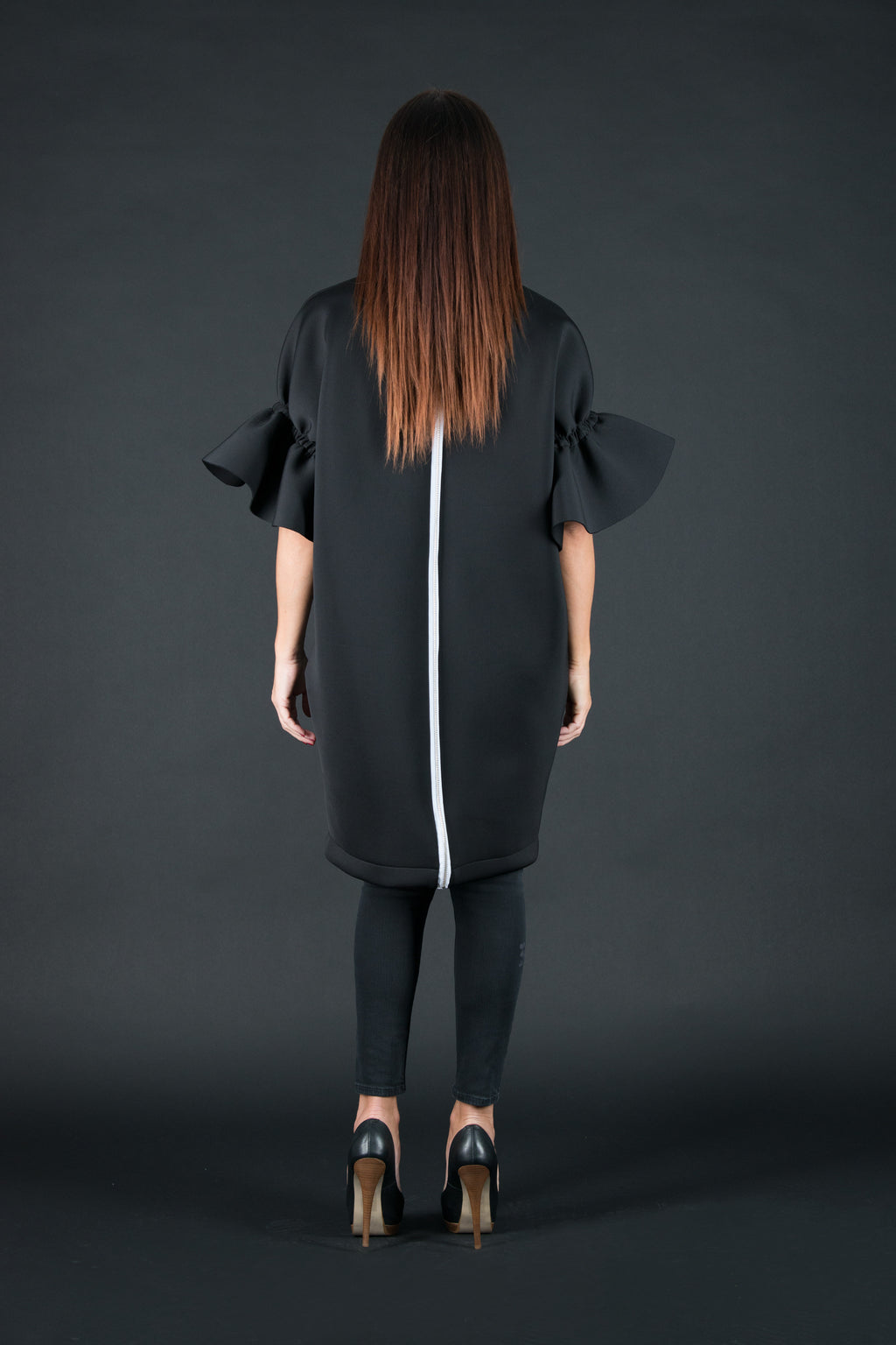 Black neoprene dress with ruffle sleeves Ester BF - EUG Fashion #black
