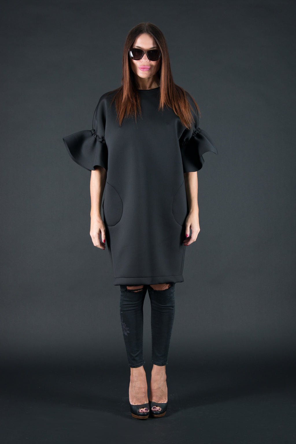 Black neoprene dress with ruffle sleeves Ester BF - EUG Fashion #black

