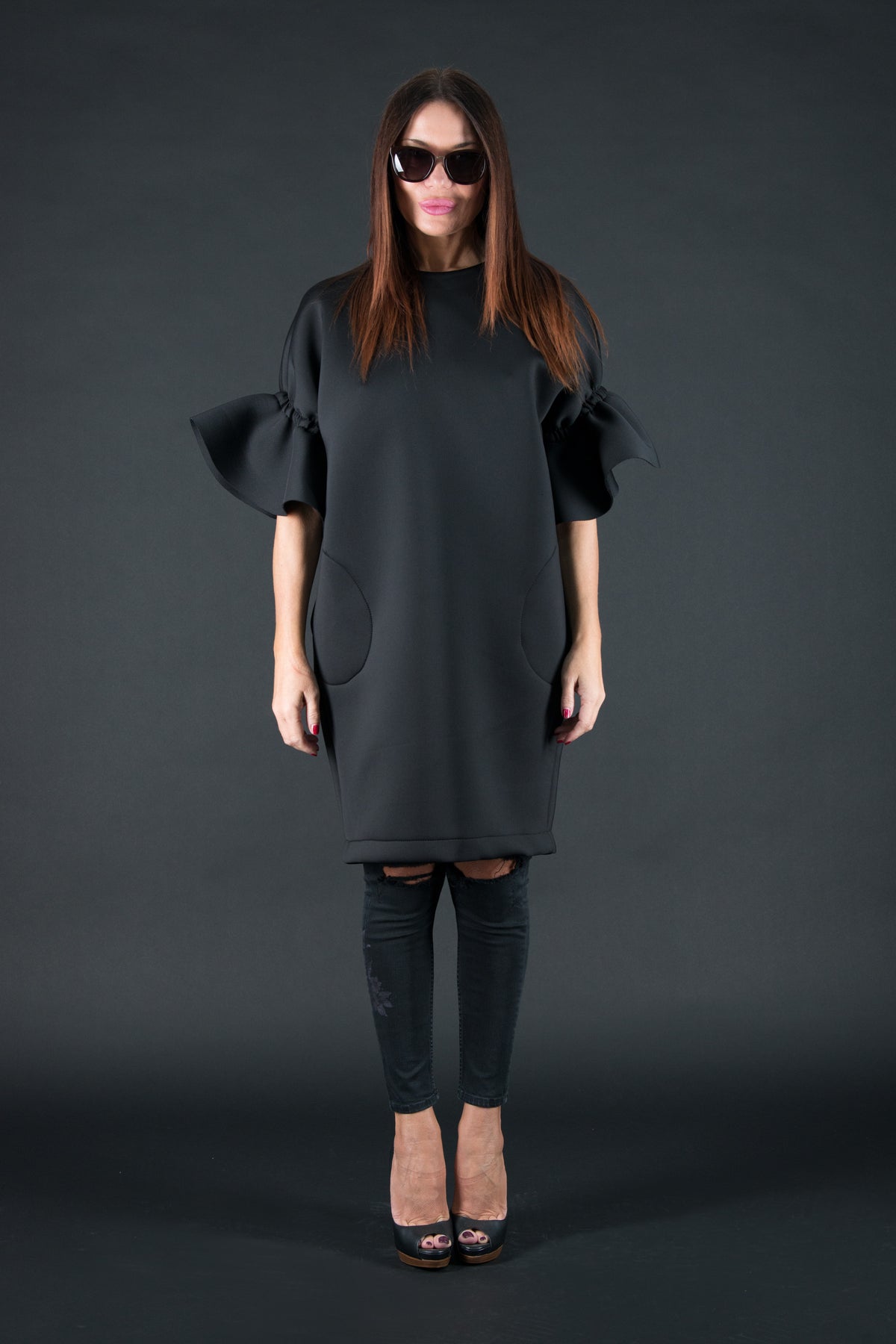 Black neoprene dress with ruffle sleeves Ester BF - EUG Fashion #black
