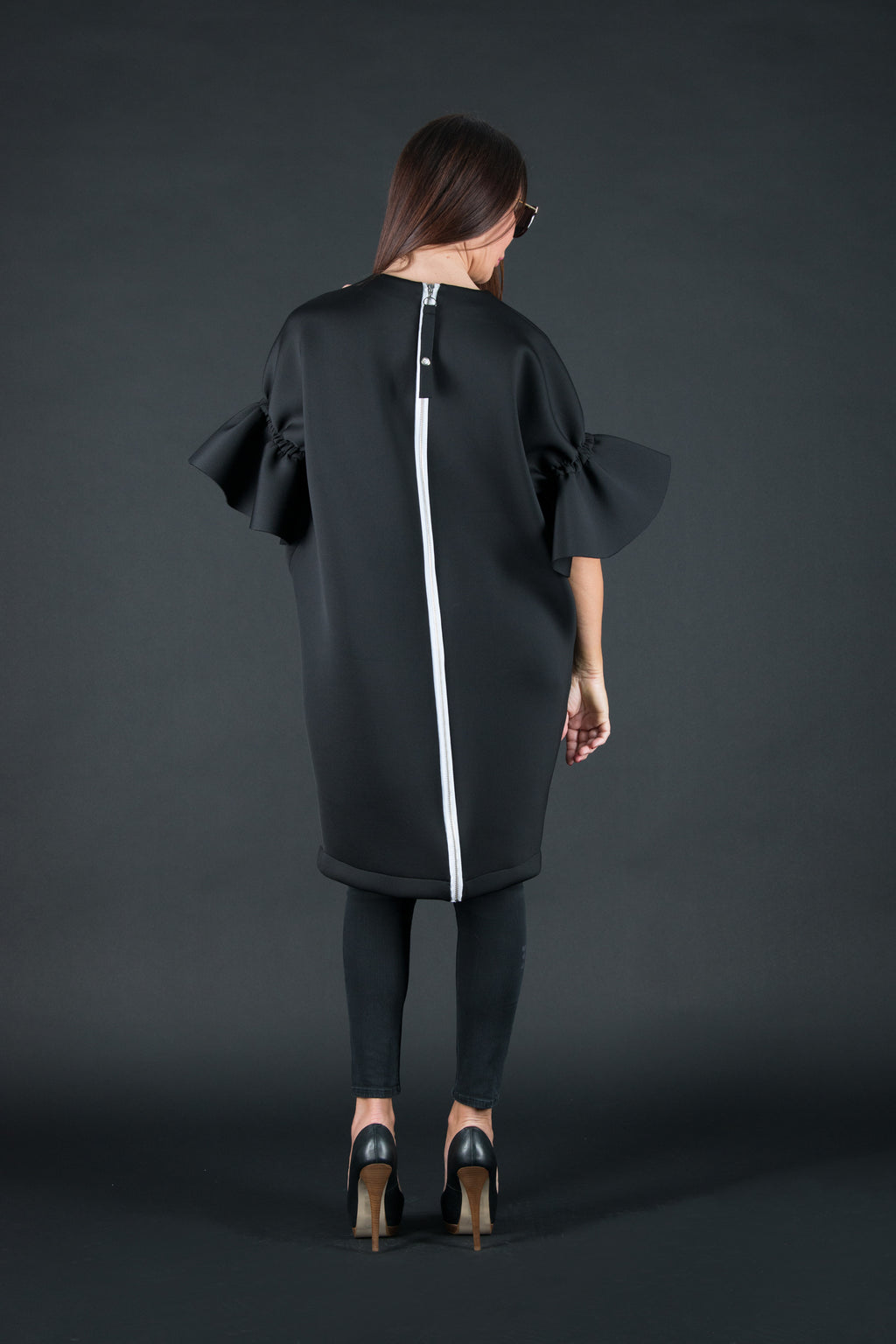 Black neoprene dress with ruffle sleeves Ester BF - EUG Fashion #black
