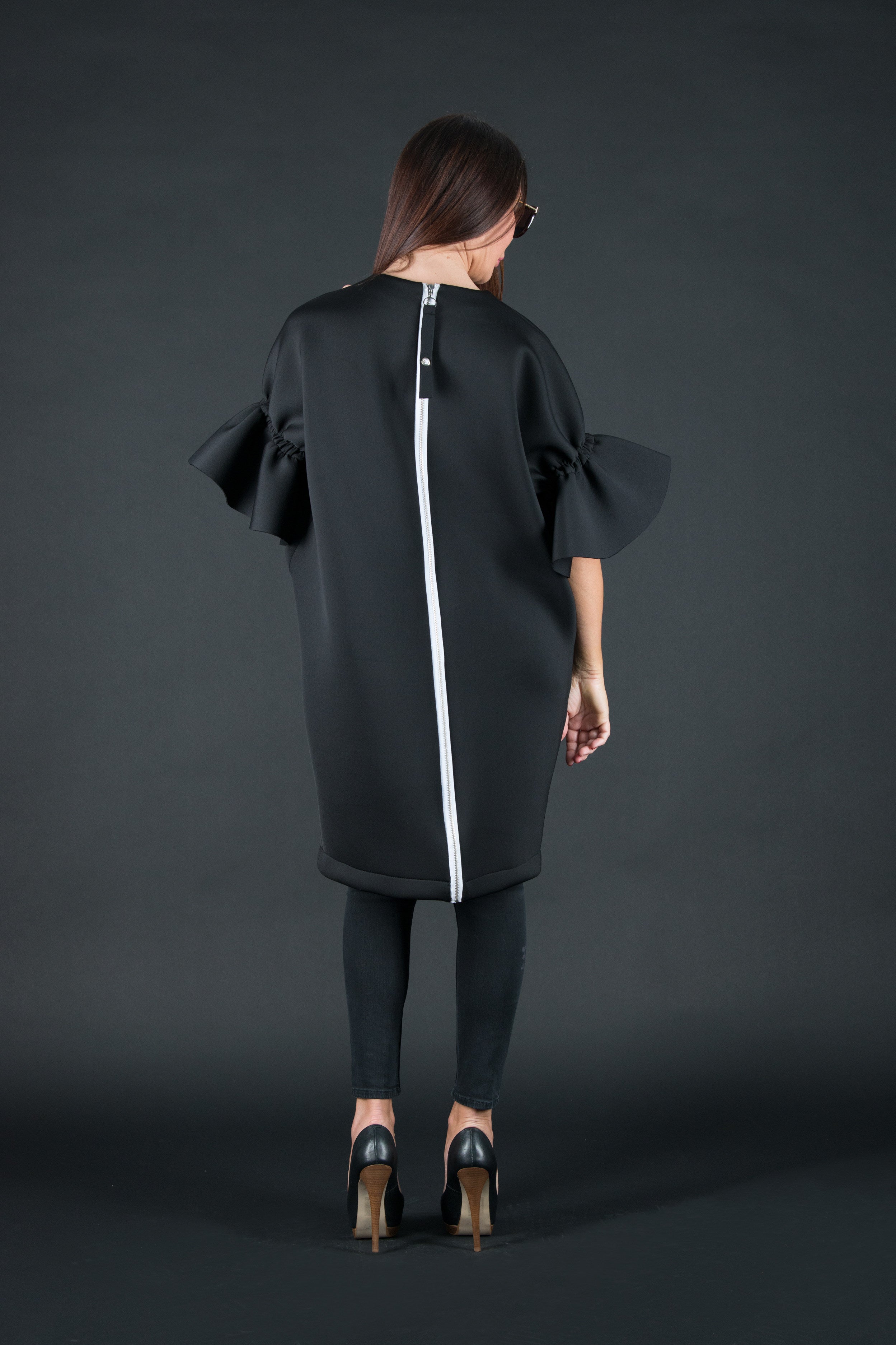 Black neoprene dress with ruffle sleeves Ester BF - EUG Fashion #black
