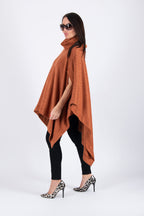 Brown warm patterned knit poncho with turtleneck and arm openings - elegant over dresses, Eva | EUG Fashion #brown
