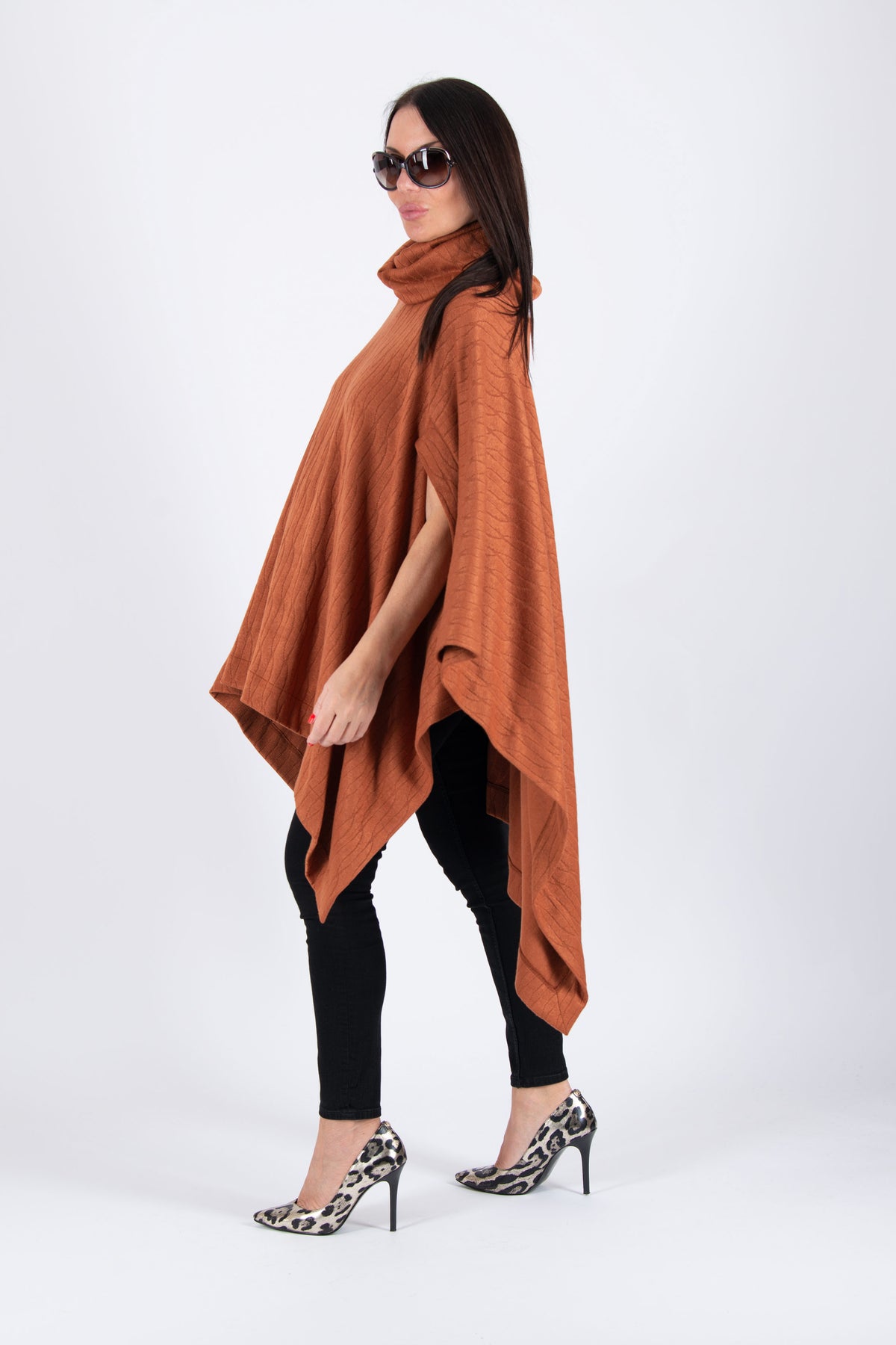 Brown warm patterned knit poncho with turtleneck and arm openings - elegant over dresses, Eva | EUG Fashion #brown
