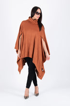 Brown warm patterned knit poncho with turtleneck and arm openings - elegant over dresses, Eva | EUG Fashion #brown
