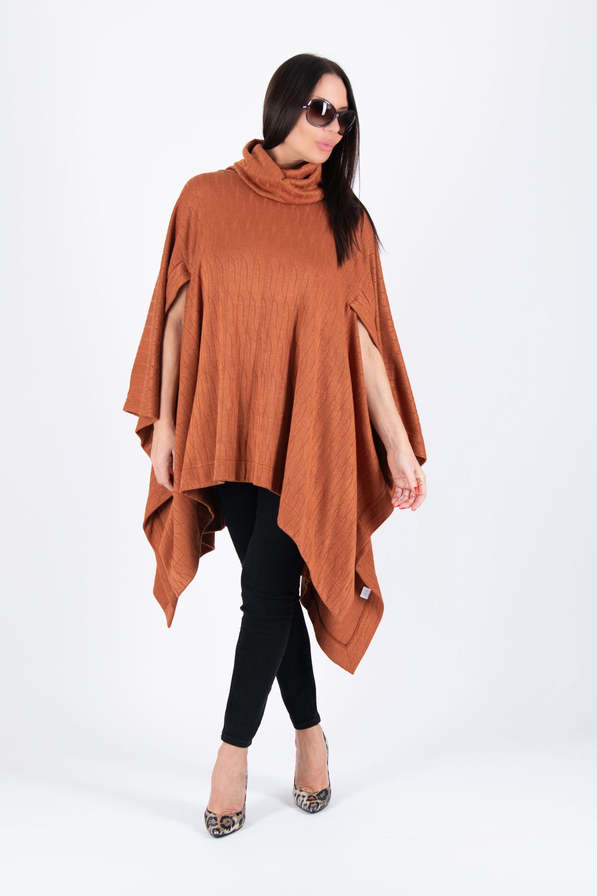 Brown warm patterned knit poncho with turtleneck and arm openings - elegant over dresses, Eva | EUG Fashion #brown
