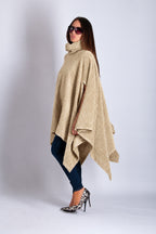 Beige soft bouclé knitted poncho with turtleneck and asymmetric arm openings - relaxed silhouette, Eva | EUG Fashion #beige
