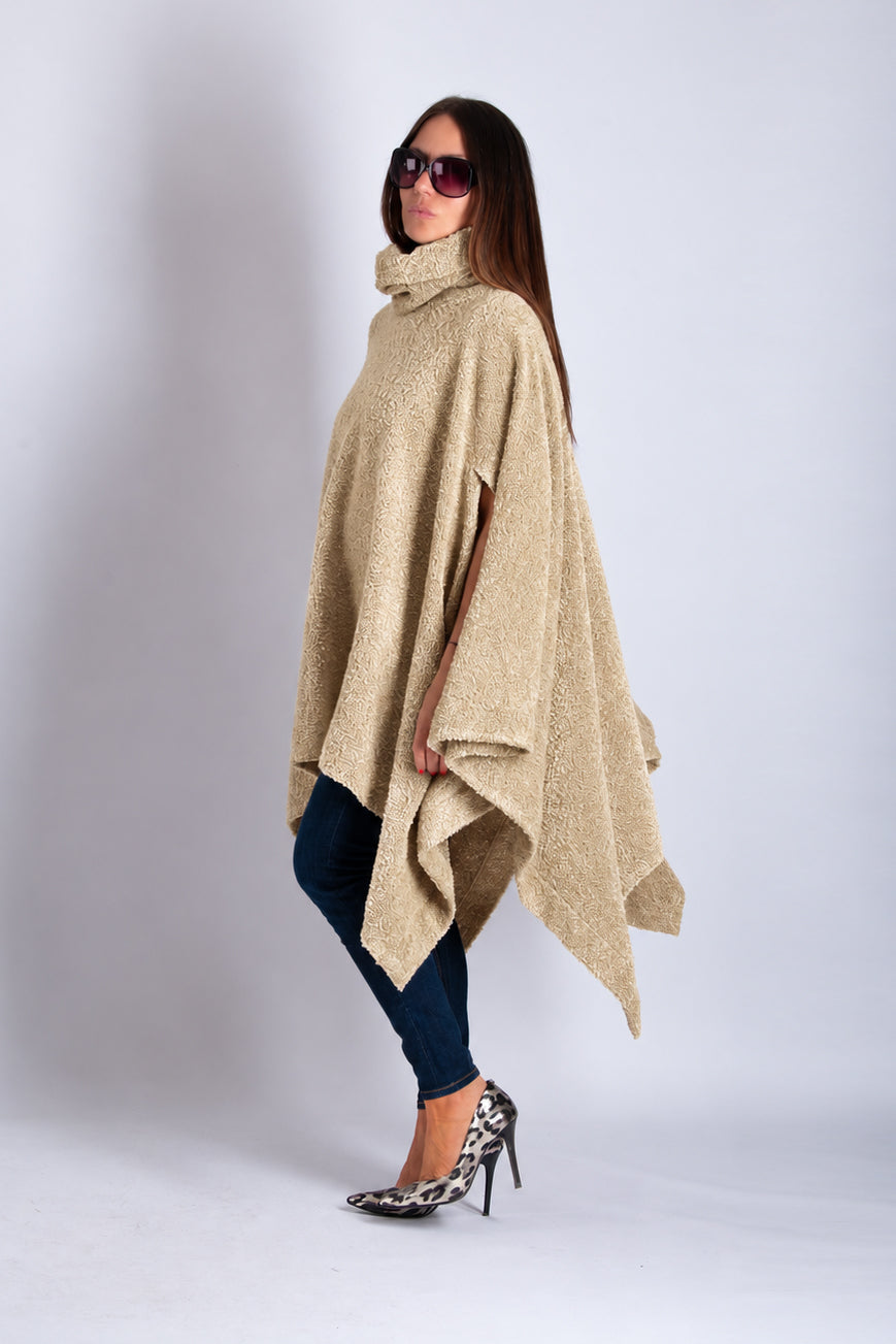 Beige soft bouclé knitted poncho with turtleneck and asymmetric arm openings - relaxed silhouette, Eva | EUG Fashion #beige
