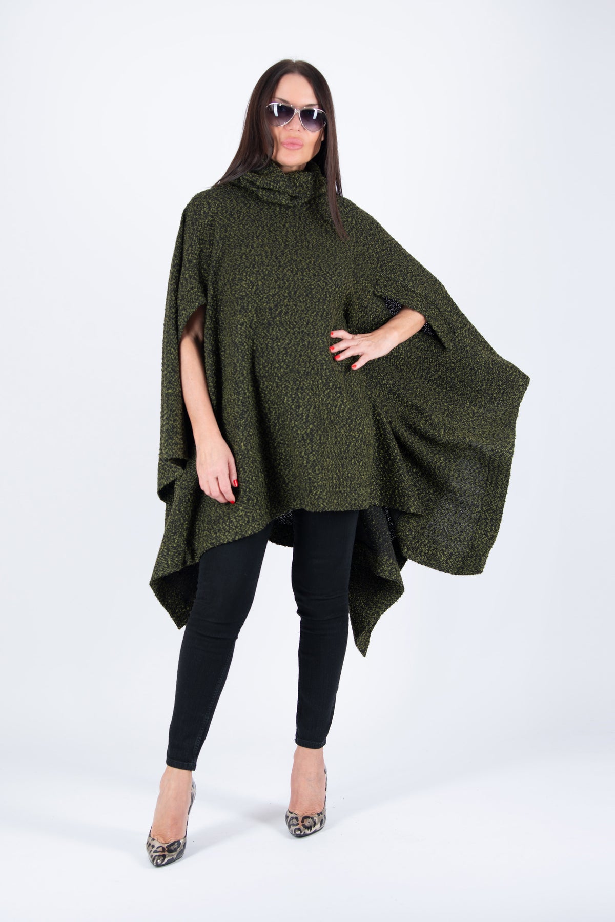 Military green soft bouclé knitted poncho with turtleneck and asymmetric arm openings - relaxed silhouette, Eva | EUG Fashion #military-green
