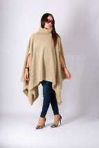Beige soft bouclé knitted poncho with turtleneck and asymmetric arm openings - relaxed silhouette, Eva | EUG Fashion #beige
