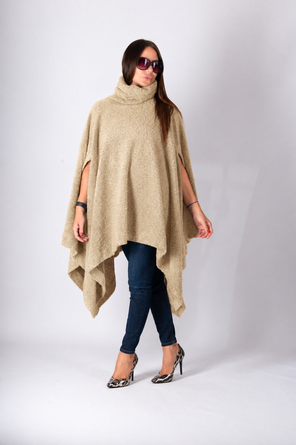 Beige soft bouclé knitted poncho with turtleneck and asymmetric arm openings - relaxed silhouette, Eva | EUG Fashion #beige
