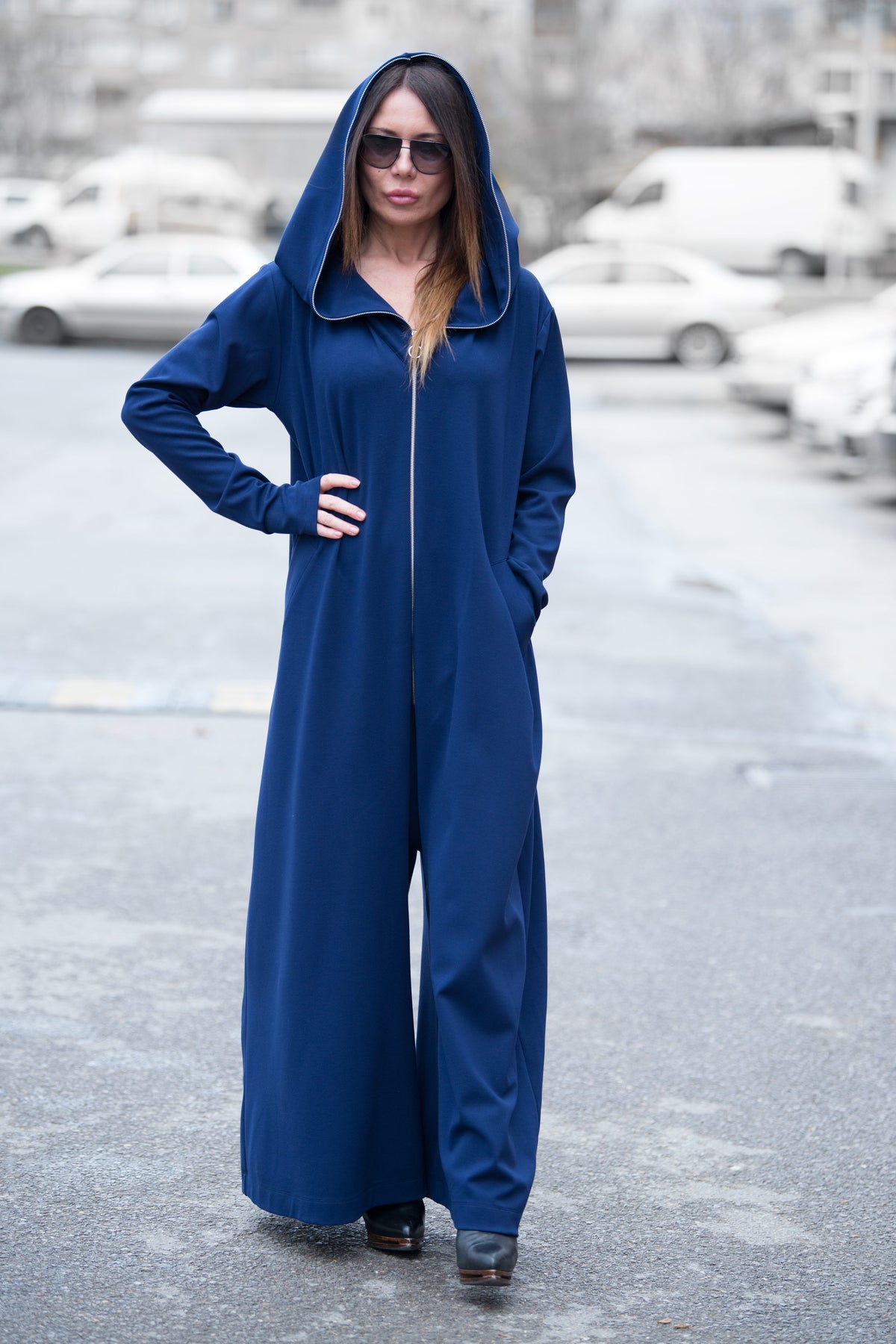 hooded cotton jumpsuit #dark-blue