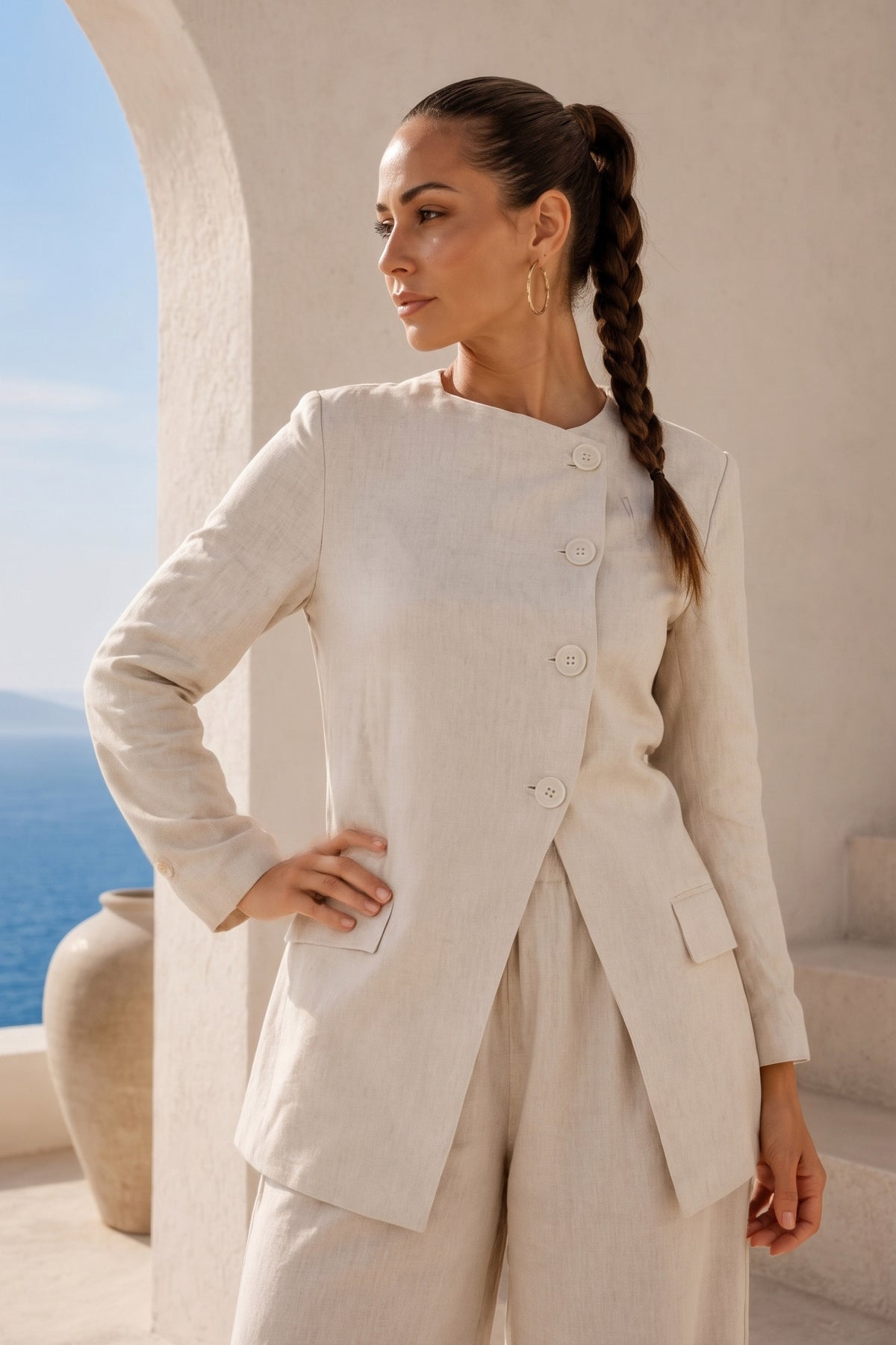 Natural fitted linen blazer with asymmetric front and teardrop open back - large wood buttons, Felice | EUG Fashion #natural
