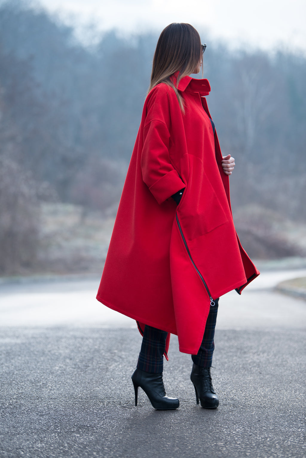 Red cashmere-feel cape coat with decorative side zippers and classic collar - asymmetric unlined design, Federica | EUG Fashion #red
