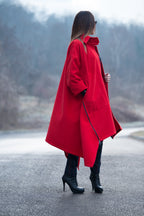 Red cashmere-feel cape coat with decorative side zippers and classic collar - asymmetric unlined design, Federica | EUG Fashion #red
