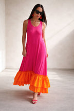 jersey long flounces dress - #hot-pink