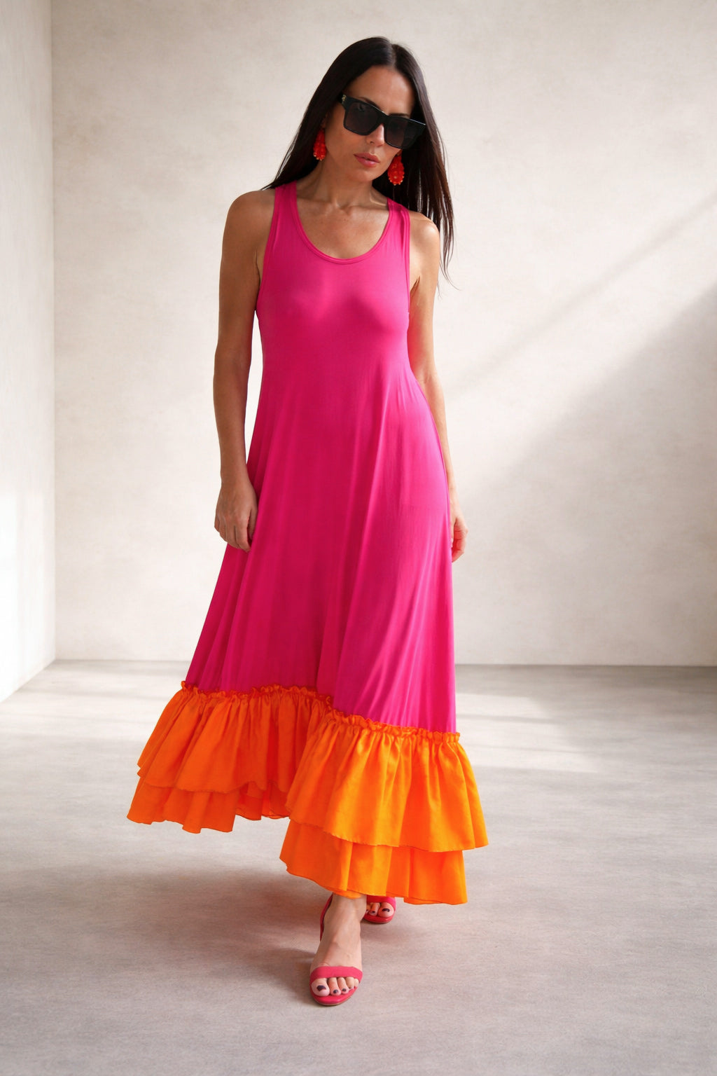 jersey long flounces dress - #hot-pink