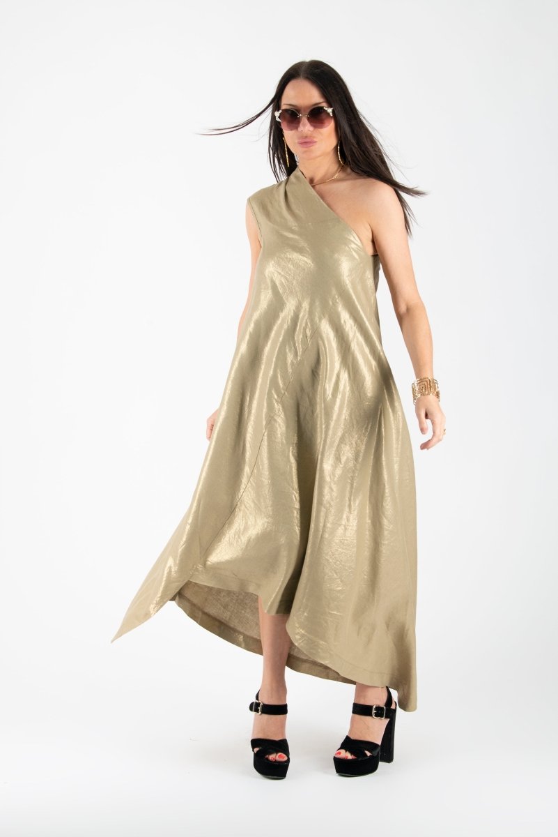 Gold Linen One Shoulder Dress TIFFANY Sale - EUG Fashion EugFashion 