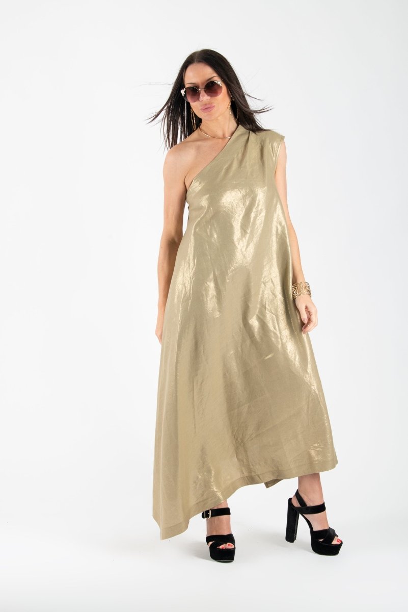 Gold Linen One Shoulder Dress TIFFANY Sale - EUG Fashion EugFashion 