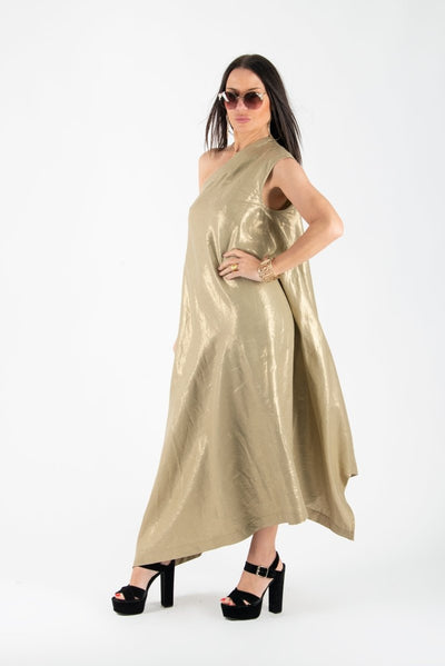 Gold Linen One Shoulder Dress TIFFANY Sale - EUG Fashion EugFashion 