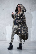 Military green camouflage hooded cotton vest with front zipper and asymmetric design - drawstring balloon hem, thumb-hole sleeves, Lily | EUG Fashion #military-green
