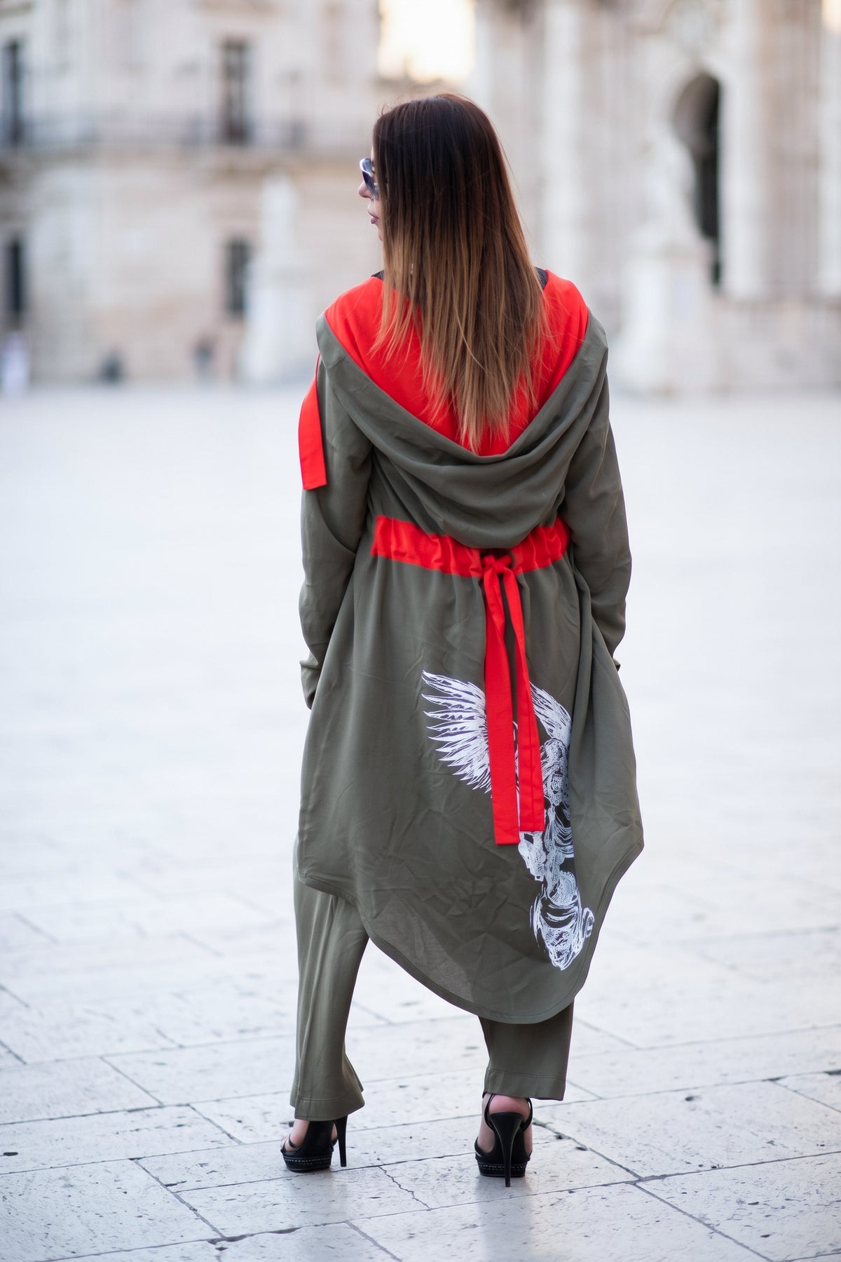 Military green hooded cotton viscose vest with orange belt and angel print on the back - asymmetric silhouette, Angela | EUG Fashion #military-green
