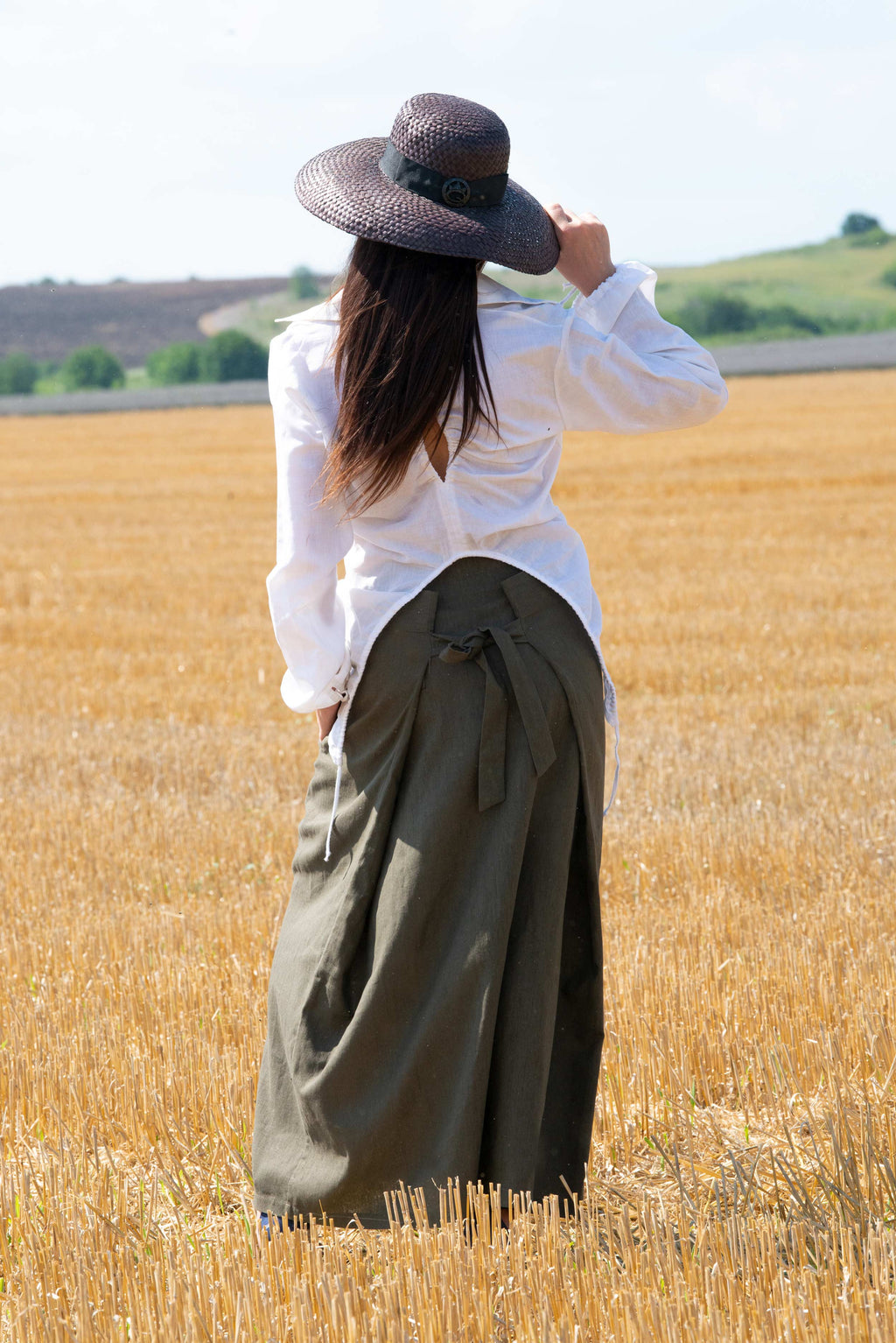 Linen long wrap skirt military green