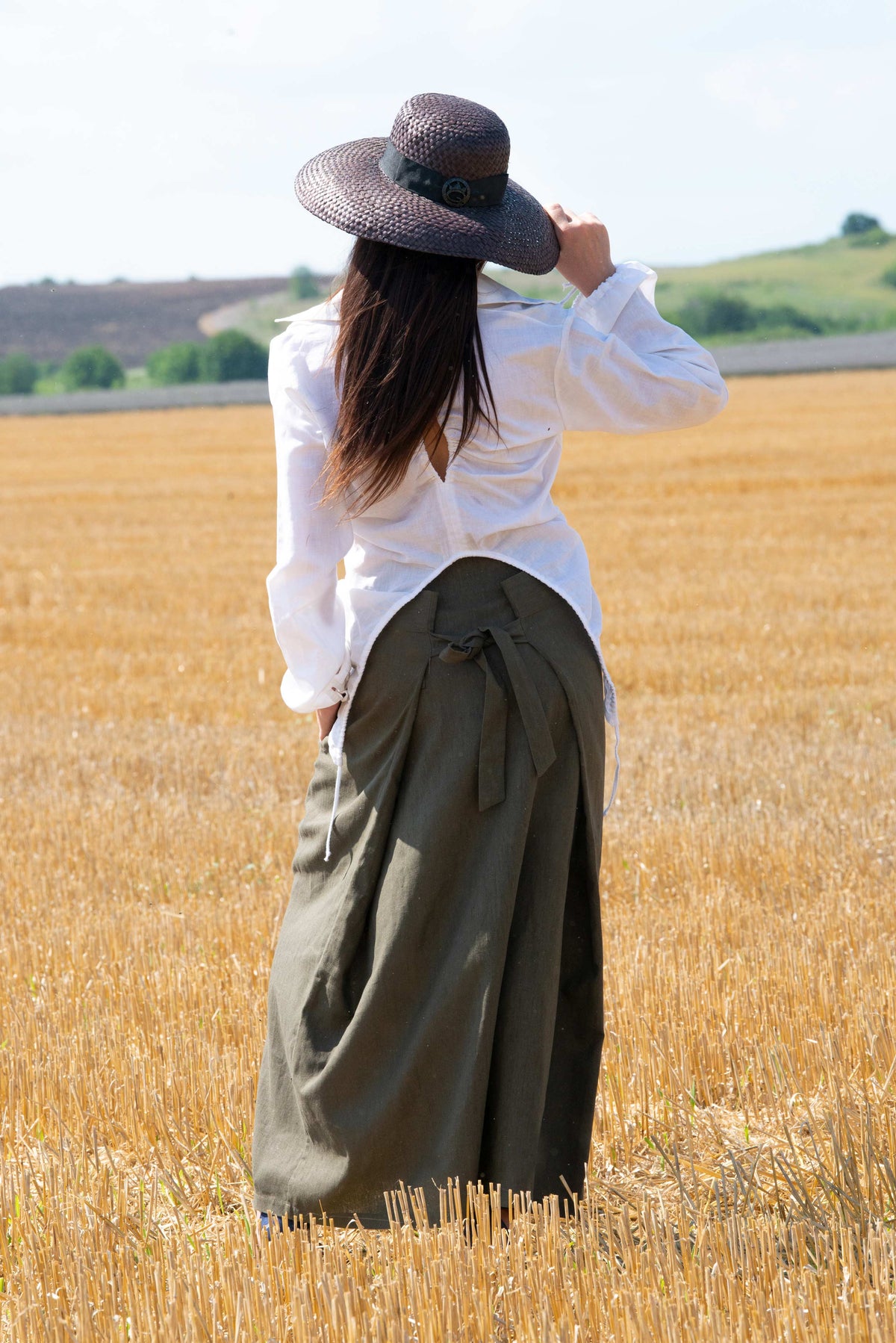Linen long wrap skirt military green