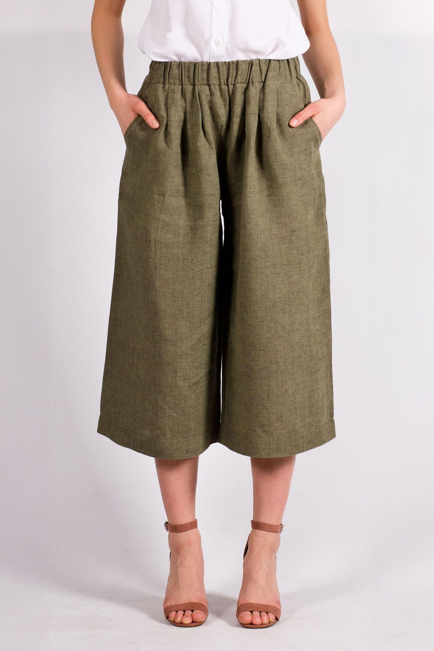 linen capri pants Capri — EUG Fashion #military-green