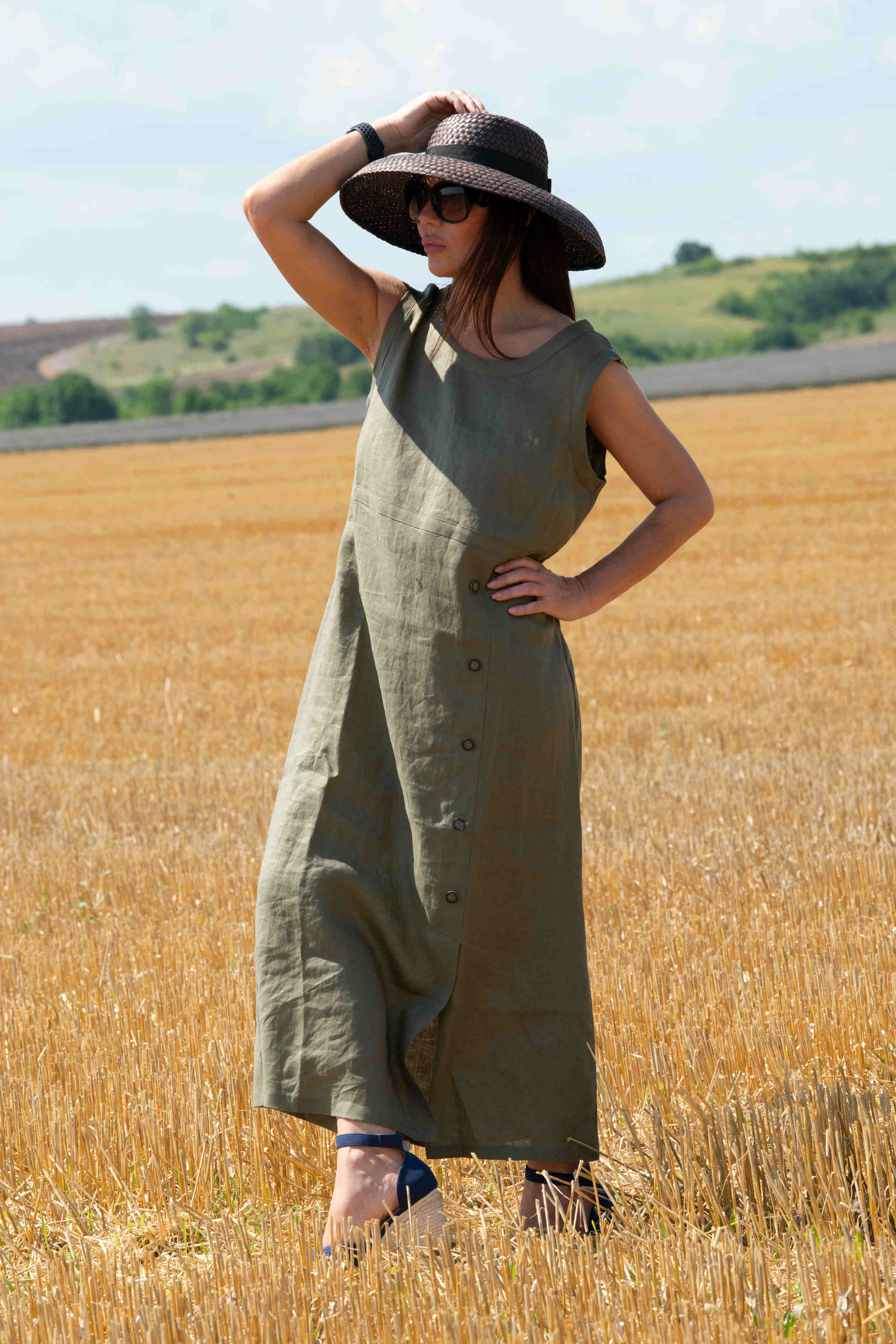 linen woman summer sleeveless dress - Eug fashion #military-green