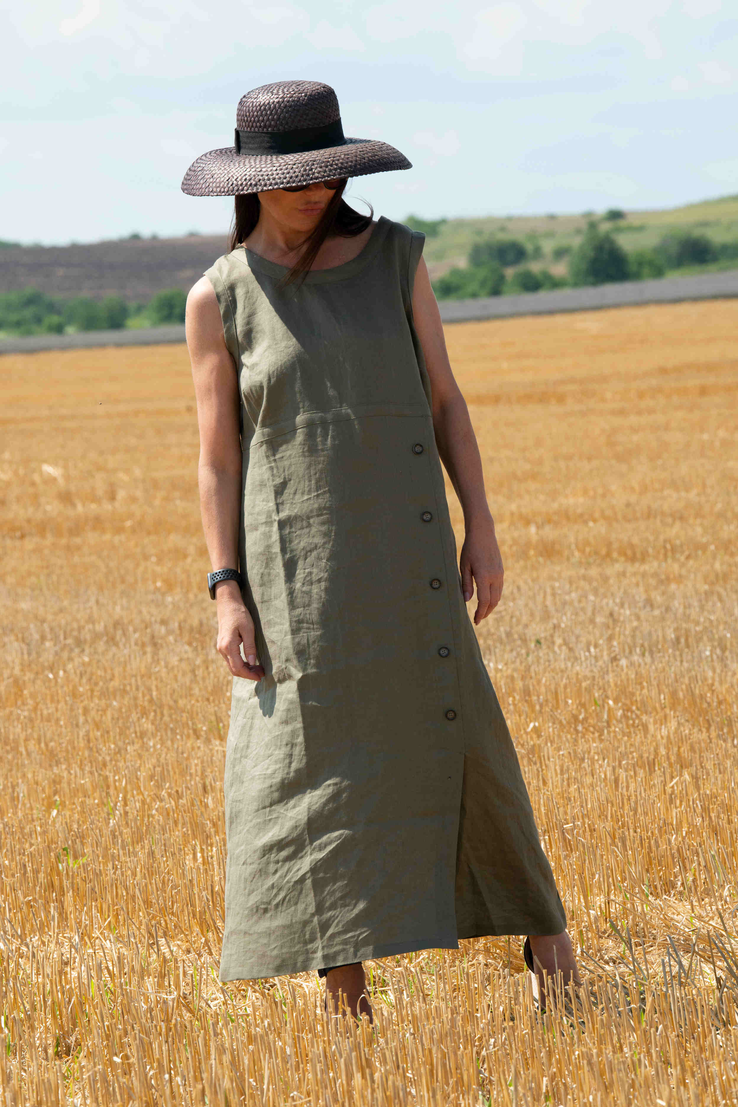 linen woman summer sleeveless dress - Eug fashion #military-green
