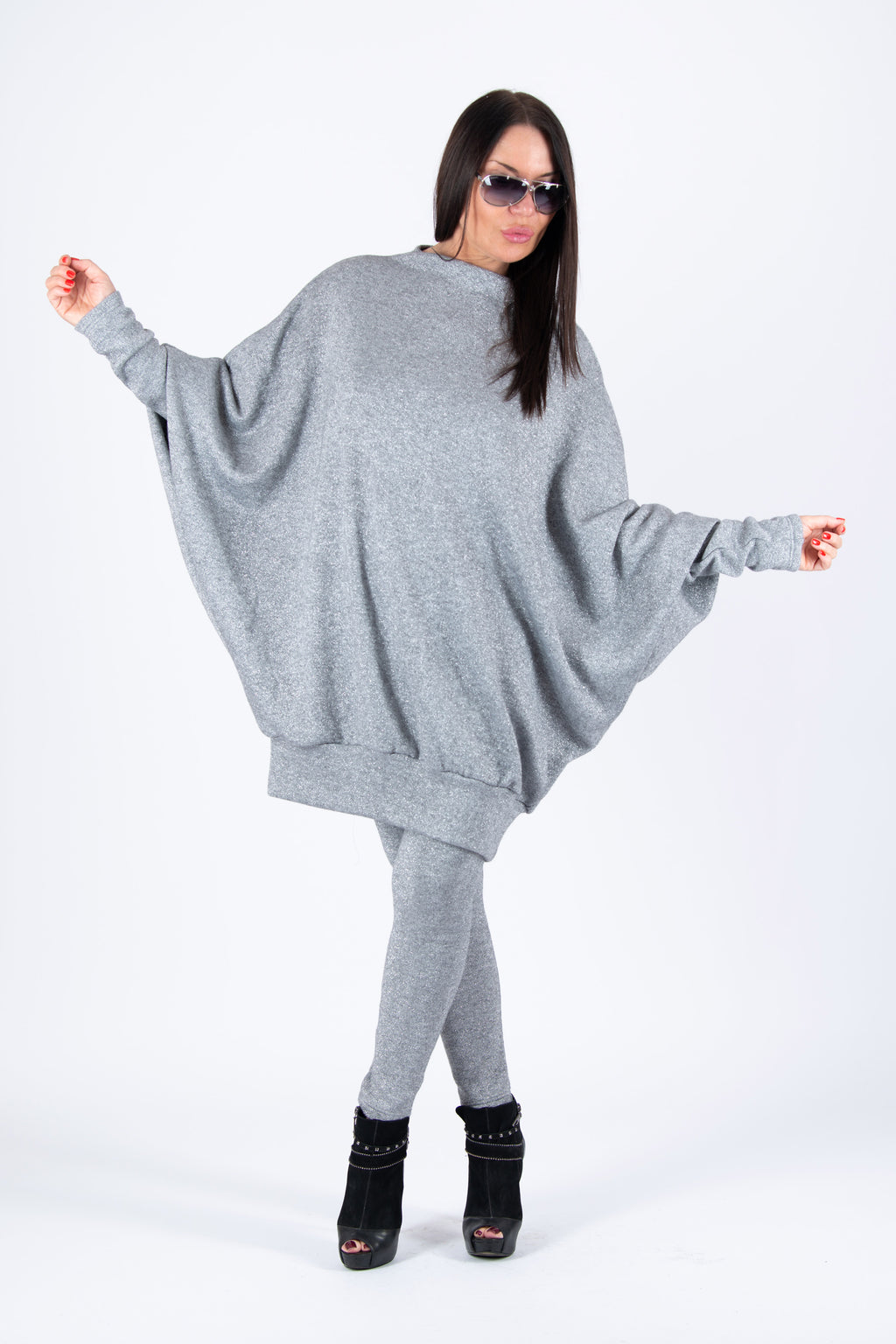 Silver Blue knit tunic and leggings set - wide acrylic tunic with shimmering silver threads, Robin | EUG Fashion #silver-blue