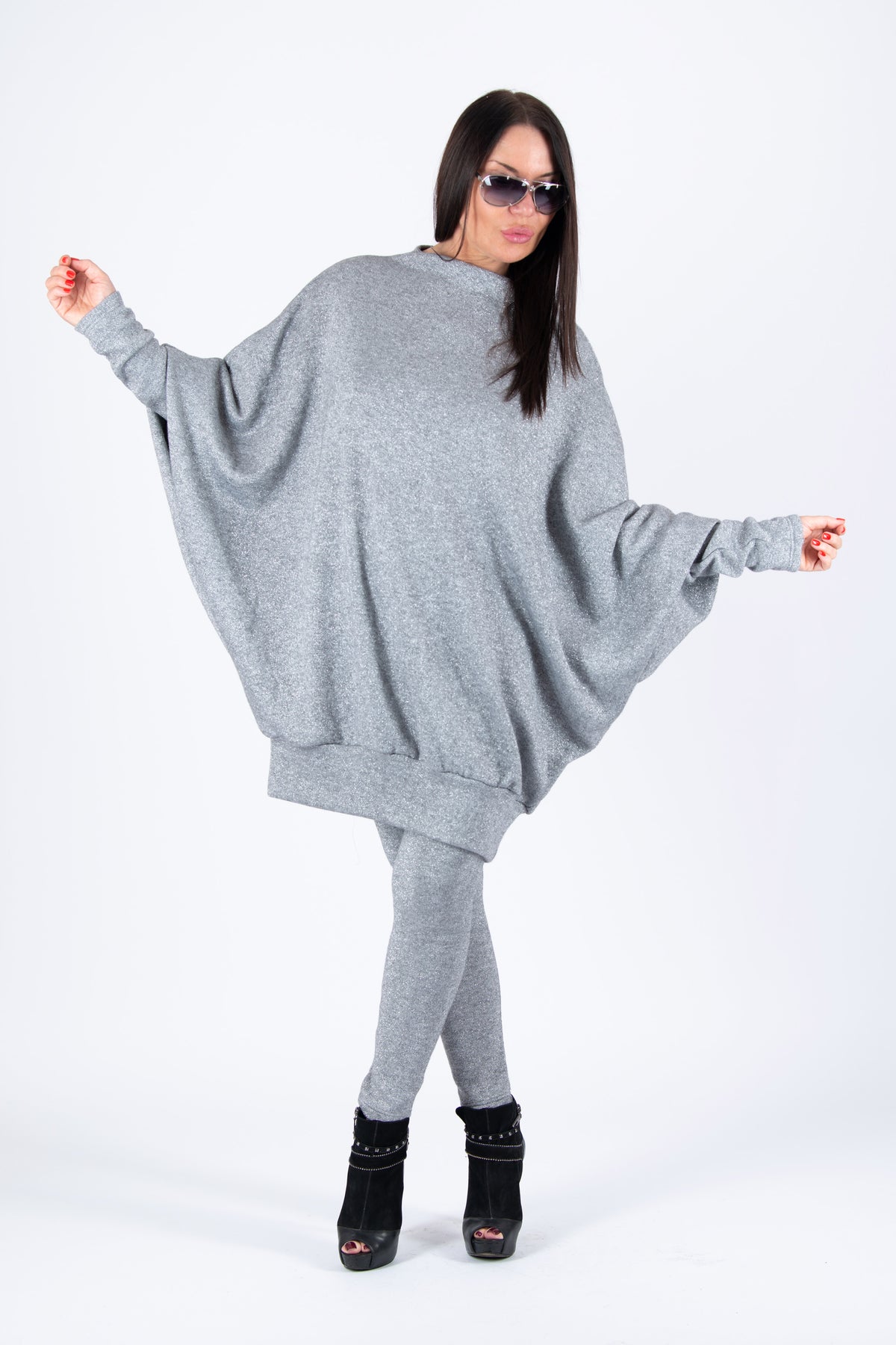 Silver Blue knit tunic and leggings set - wide acrylic tunic with shimmering silver threads, Robin | EUG Fashion #silver-blue