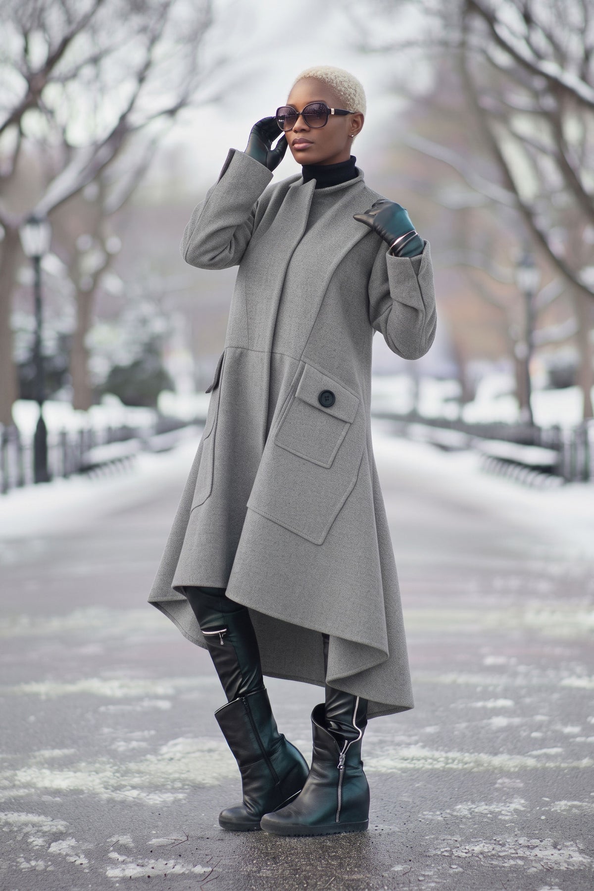 Light grey asymmetric A-line coat Valery with hidden zip and button pockets - EUG Fashion #light-grey
