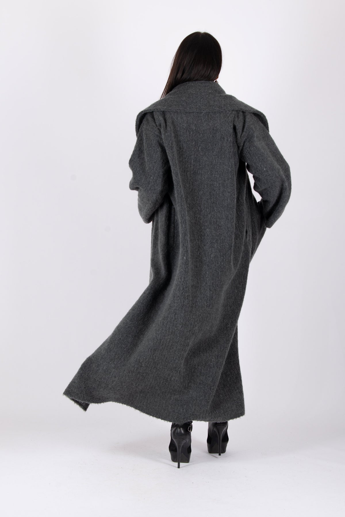 Dark grey wool blend cape coat Ofelia with belt - EUG Fashion #dark-grey