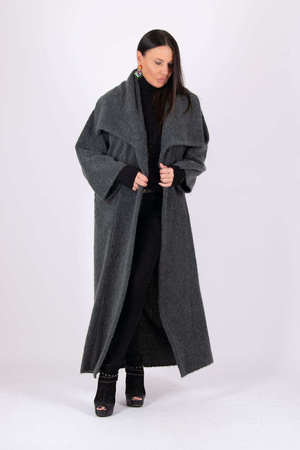 Dark grey wool blend cape coat Ofelia with belt - EUG Fashion #dark-grey