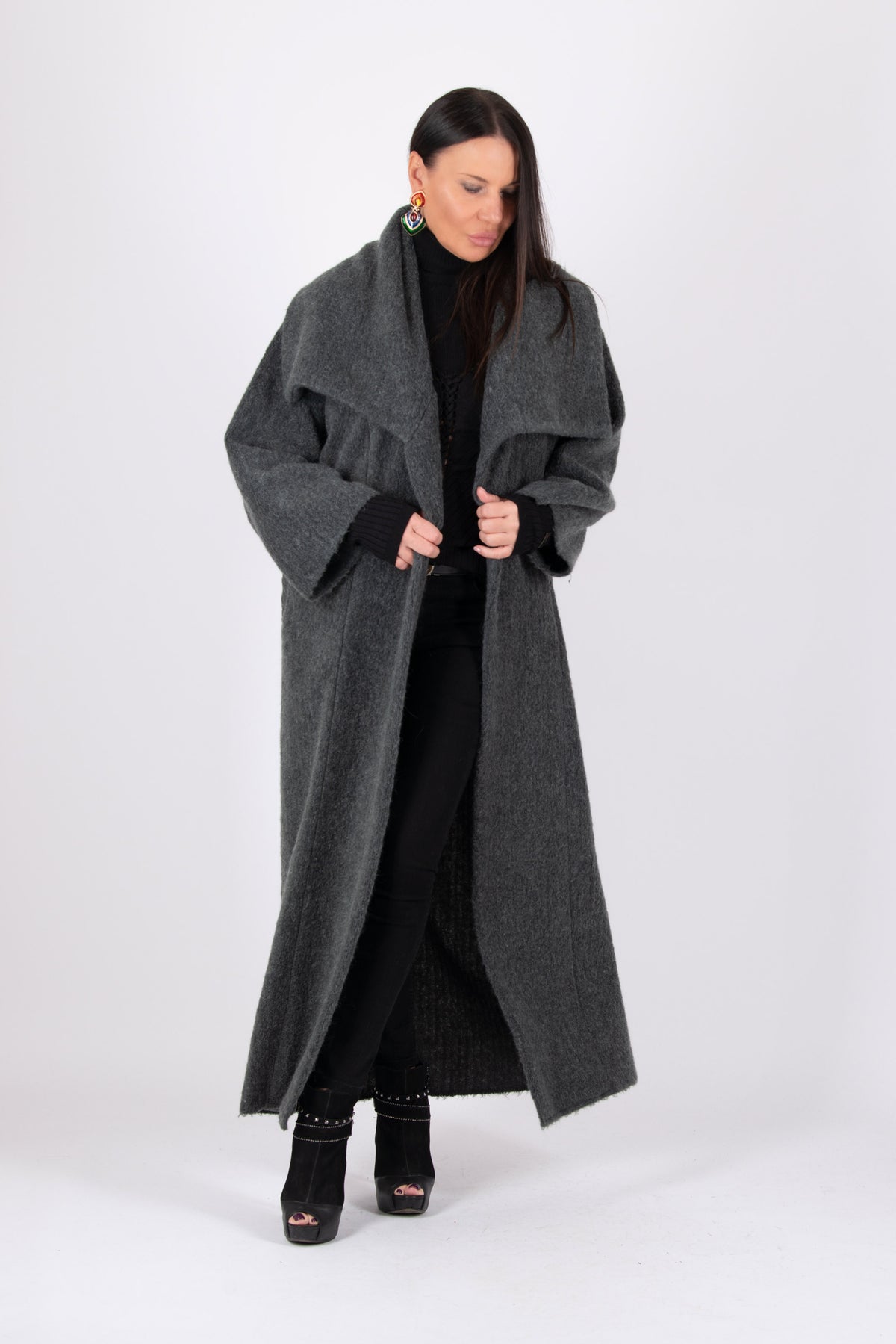 Dark grey wool blend cape coat Ofelia with belt - EUG Fashion #dark-grey