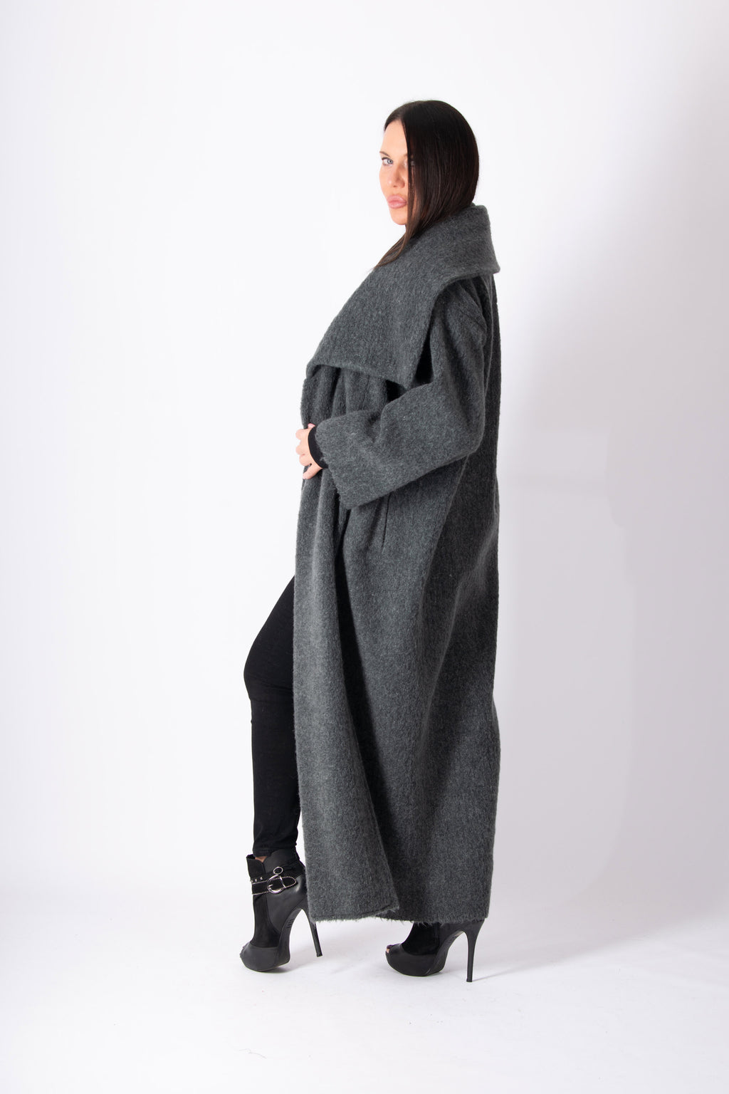 Dark grey wool blend cape coat Ofelia with belt - EUG Fashion #dark-grey