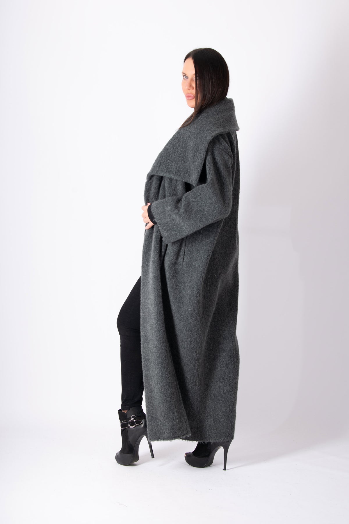 Dark grey wool blend cape coat Ofelia with belt - EUG Fashion #dark-grey