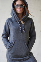 Dark grey 100% cotton hooded dress with large hood and kangaroo pocket - soft and warm for winter, Melinda | EUG Fashion #dark-grey
