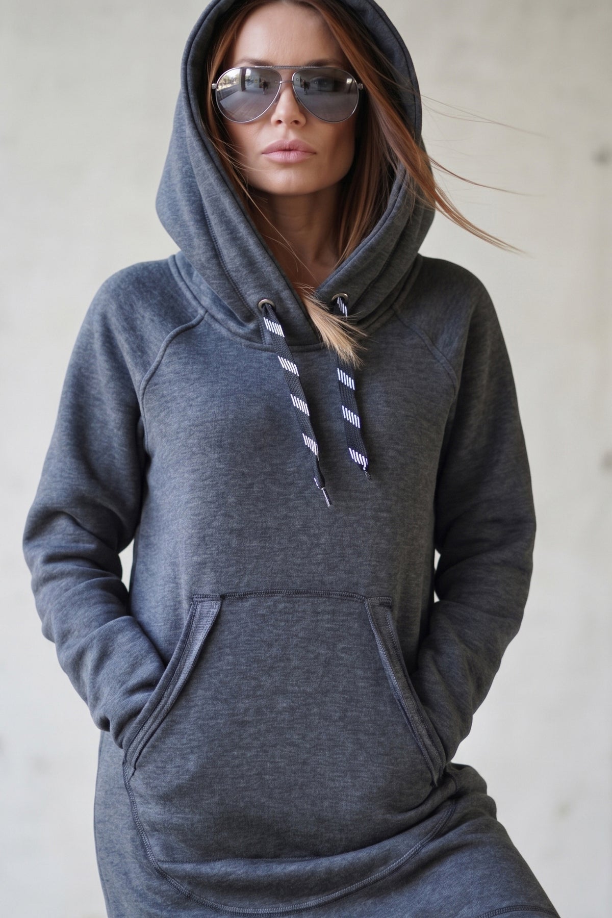 Dark grey 100% cotton hooded dress with large hood and kangaroo pocket - soft and warm for winter, Melinda | EUG Fashion #dark-grey
