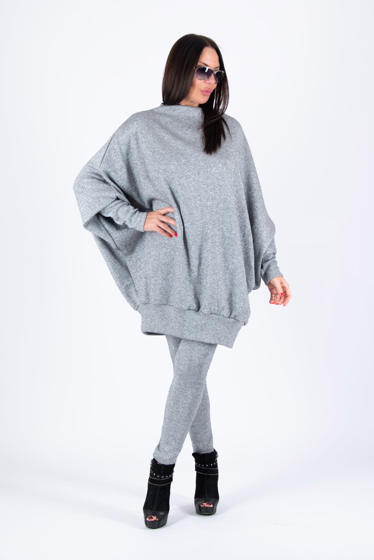Silver Blue knit tunic and leggings set - wide acrylic tunic with shimmering silver threads, Robin | EUG Fashion #silver-blue