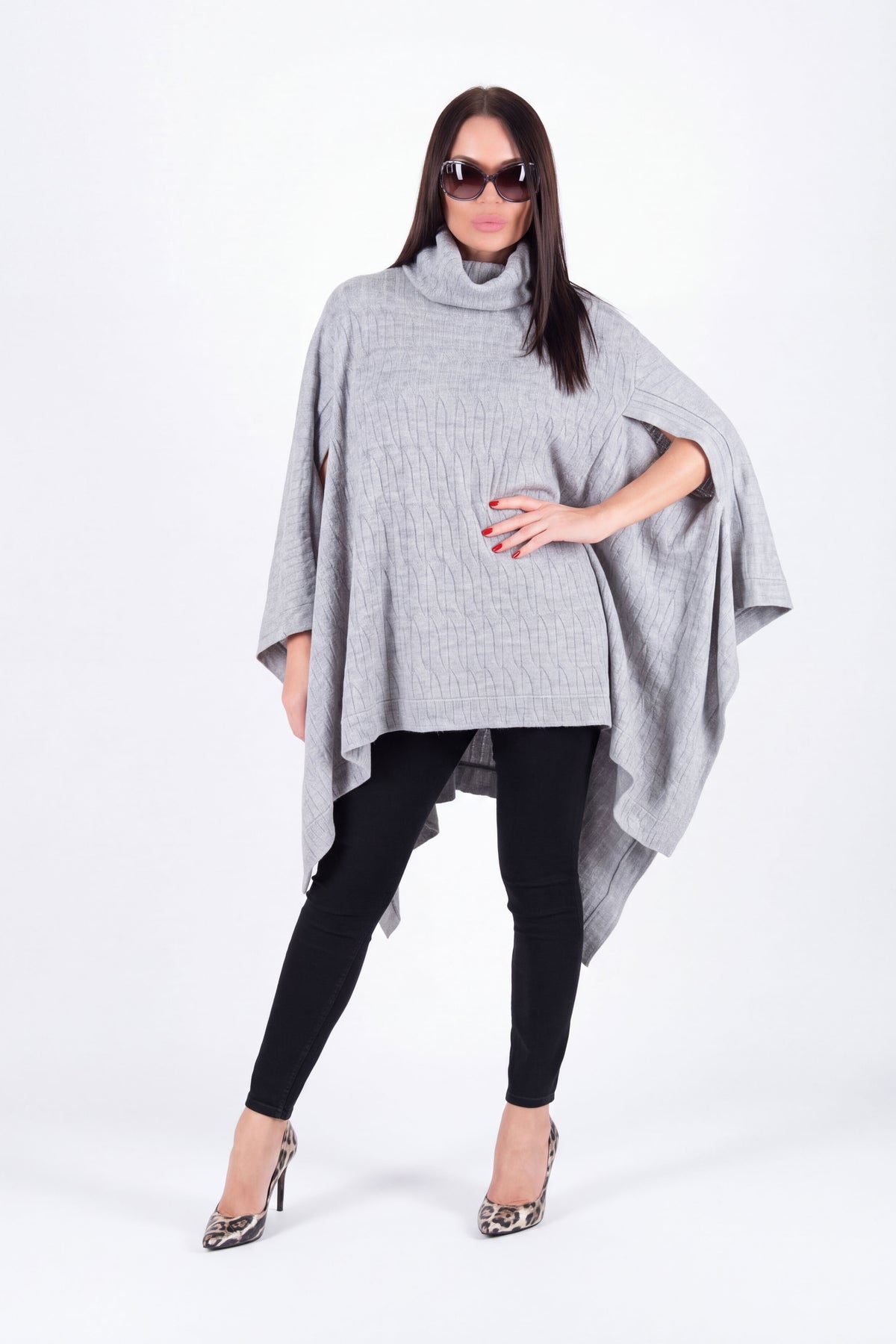 Light grey warm patterned knit poncho with turtleneck and arm openings - elegant over dresses, Eva | EUG Fashion #light-grey
