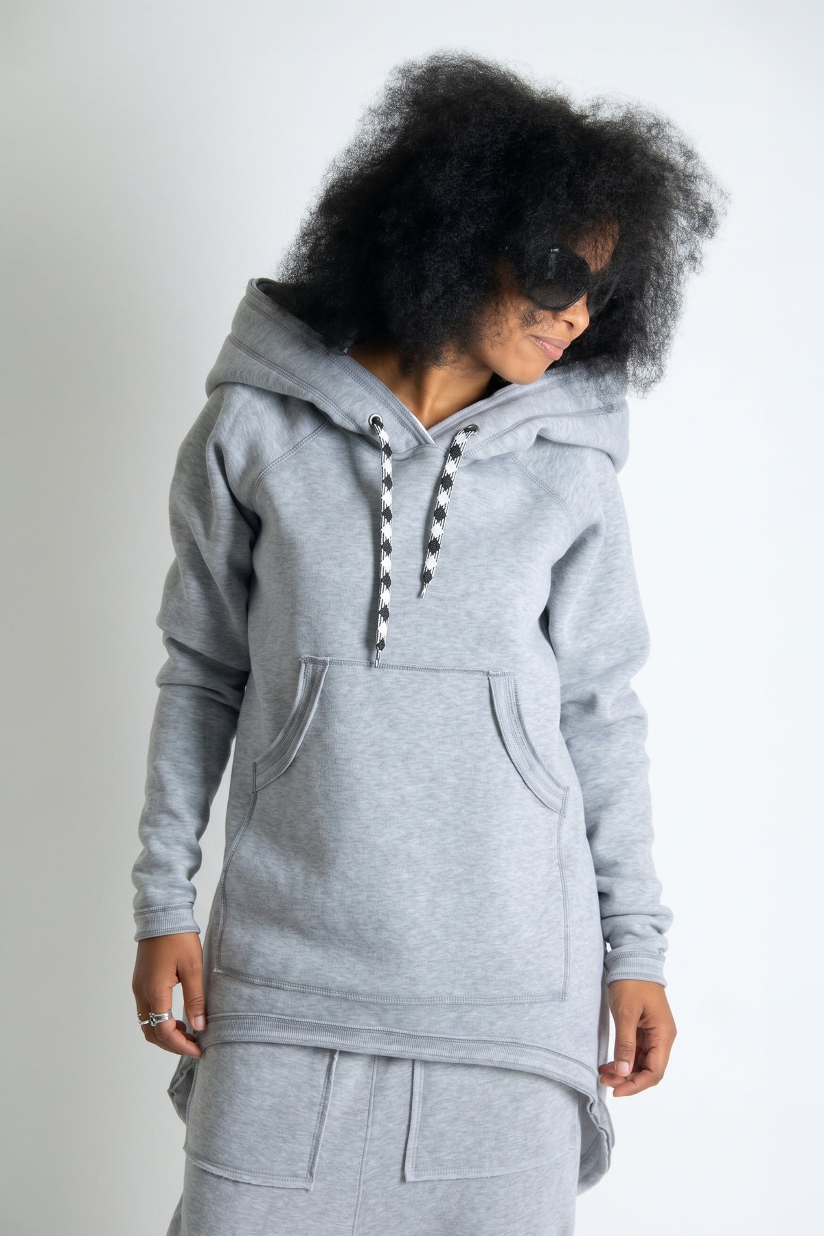 Light grey fluffy hooded tracksuit with asymmetric top and harem trousers - warm winter wadding fabric, Megan | EUG Fashion #light-gray