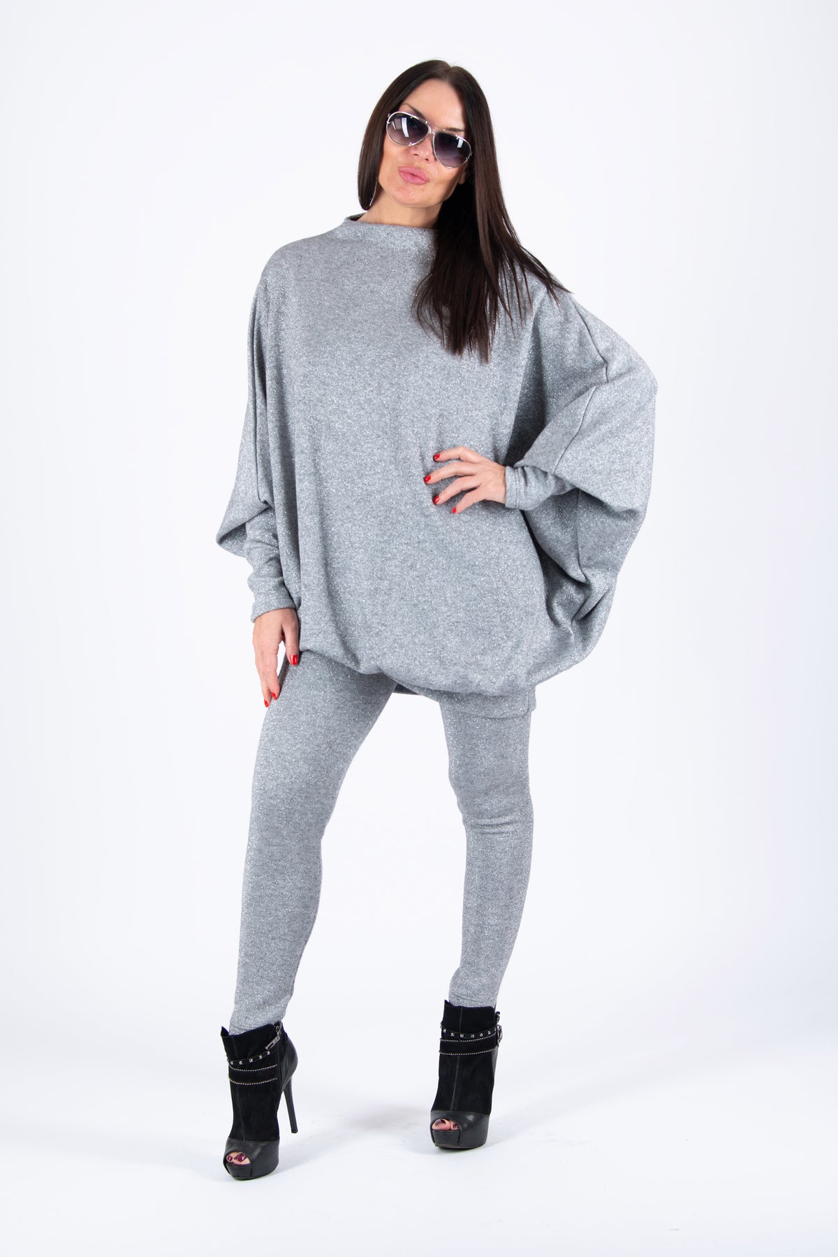 Silver Blue knit tunic and leggings set - wide acrylic tunic with shimmering silver threads, Robin | EUG Fashion #silver-blue