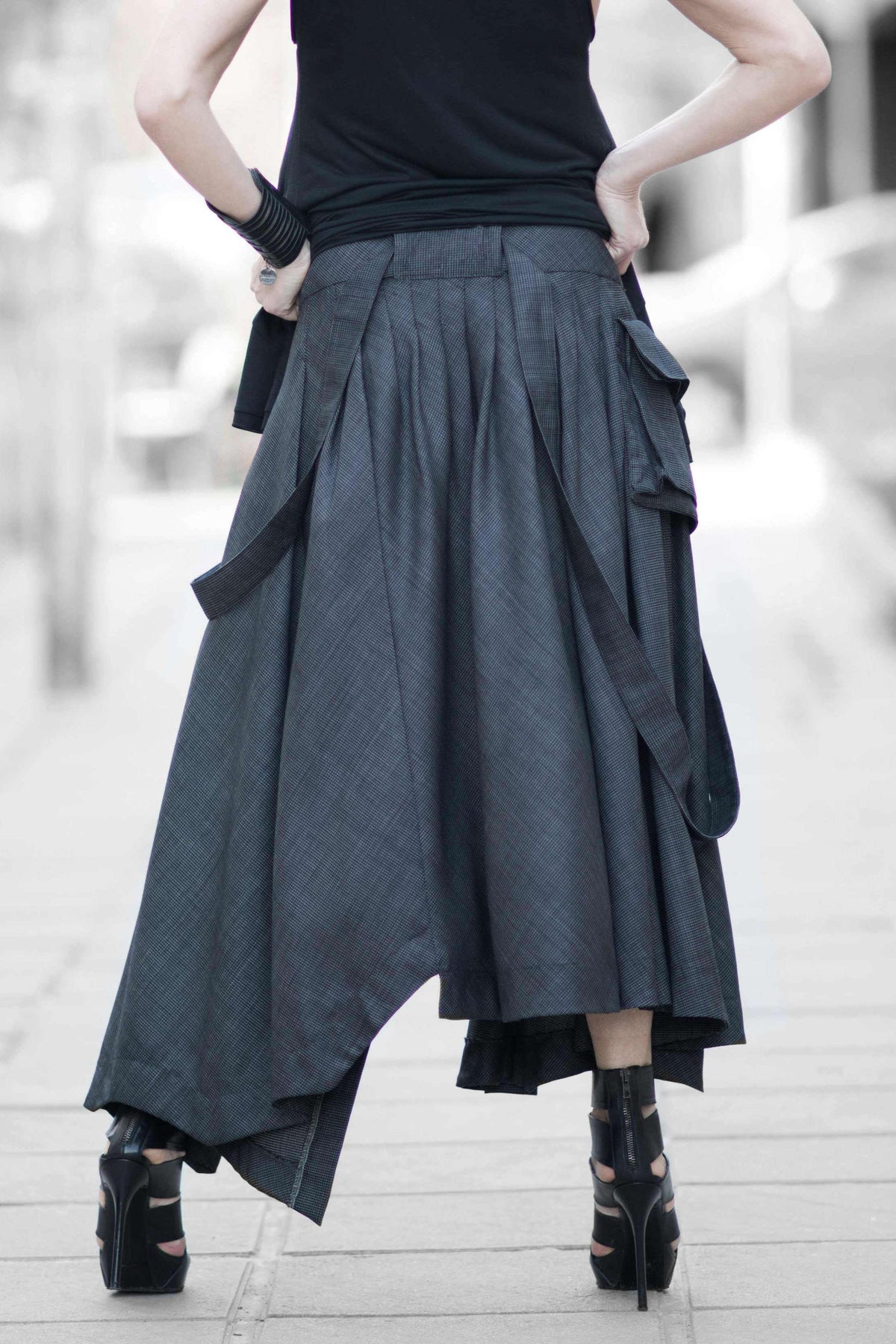 Dark gray asymmetric pleated wool skirt Zefira with suspenders and cargo pockets - EUG Fashion #dark-gray
