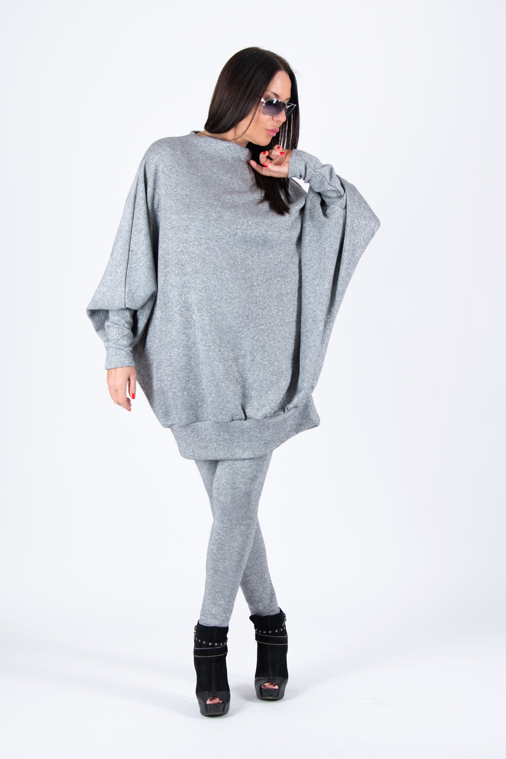 Silver Blue knit tunic and leggings set - wide acrylic tunic with shimmering silver threads, Robin | EUG Fashion #silver-blue