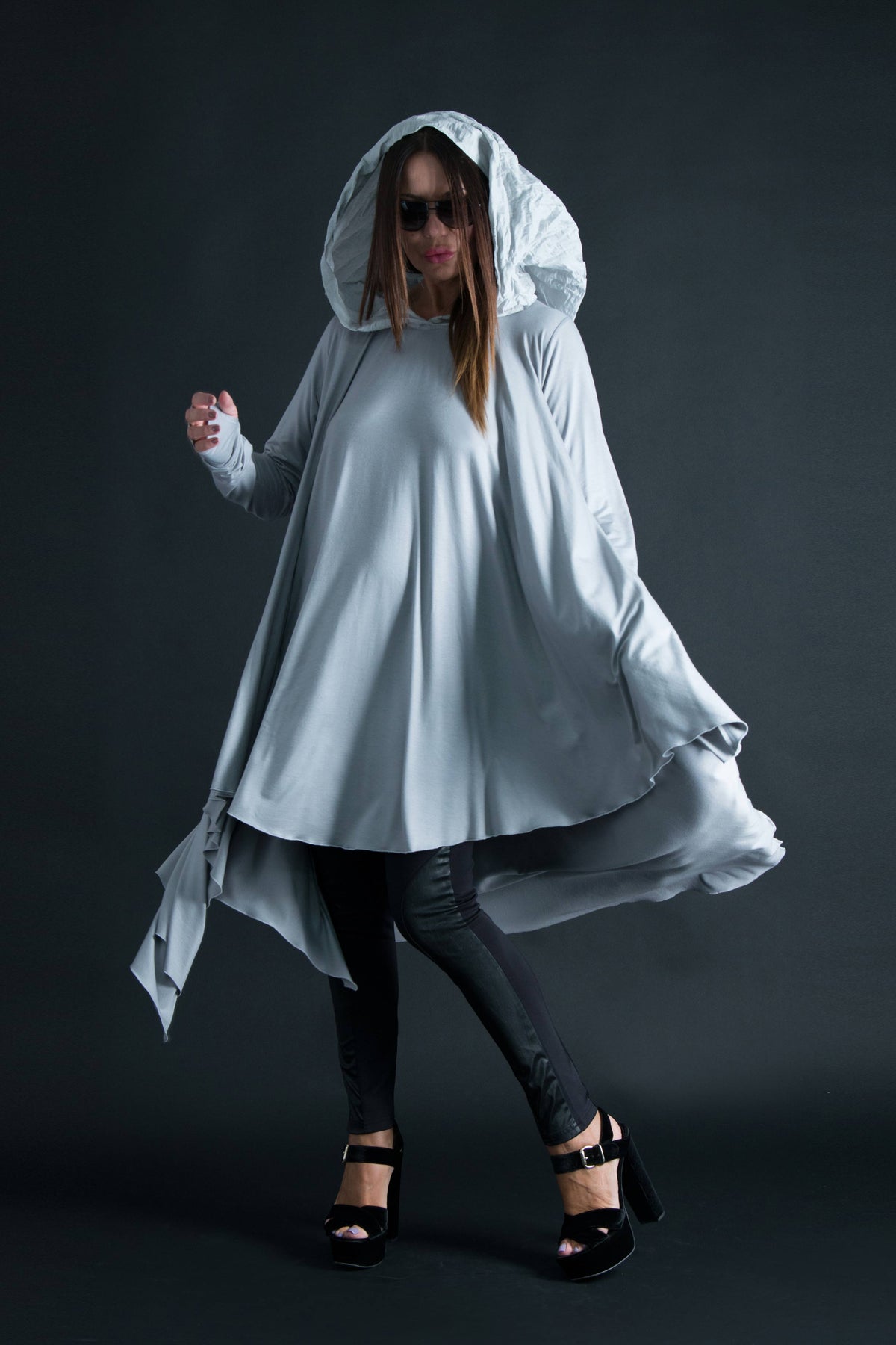 Light grey viscose jersey tunic with chiffon hood and narrow long sleeves - wide asymmetric hem, Anie | EUG Fashion #light-grey
