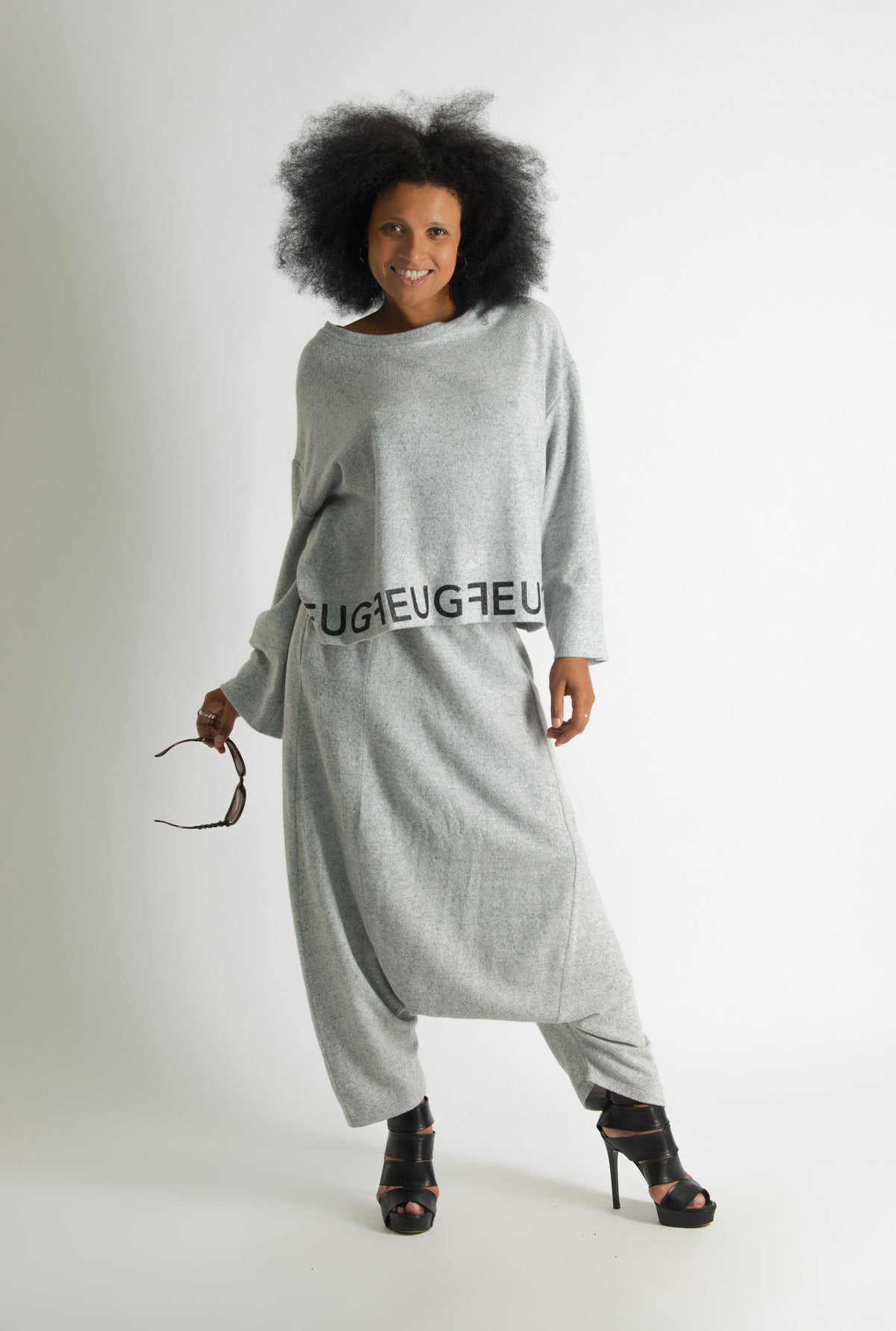 Light Grey knit set - black lettering, wide top and harem trousers with elasticated waist, Elena | EUG Fashion #light-grey⠋